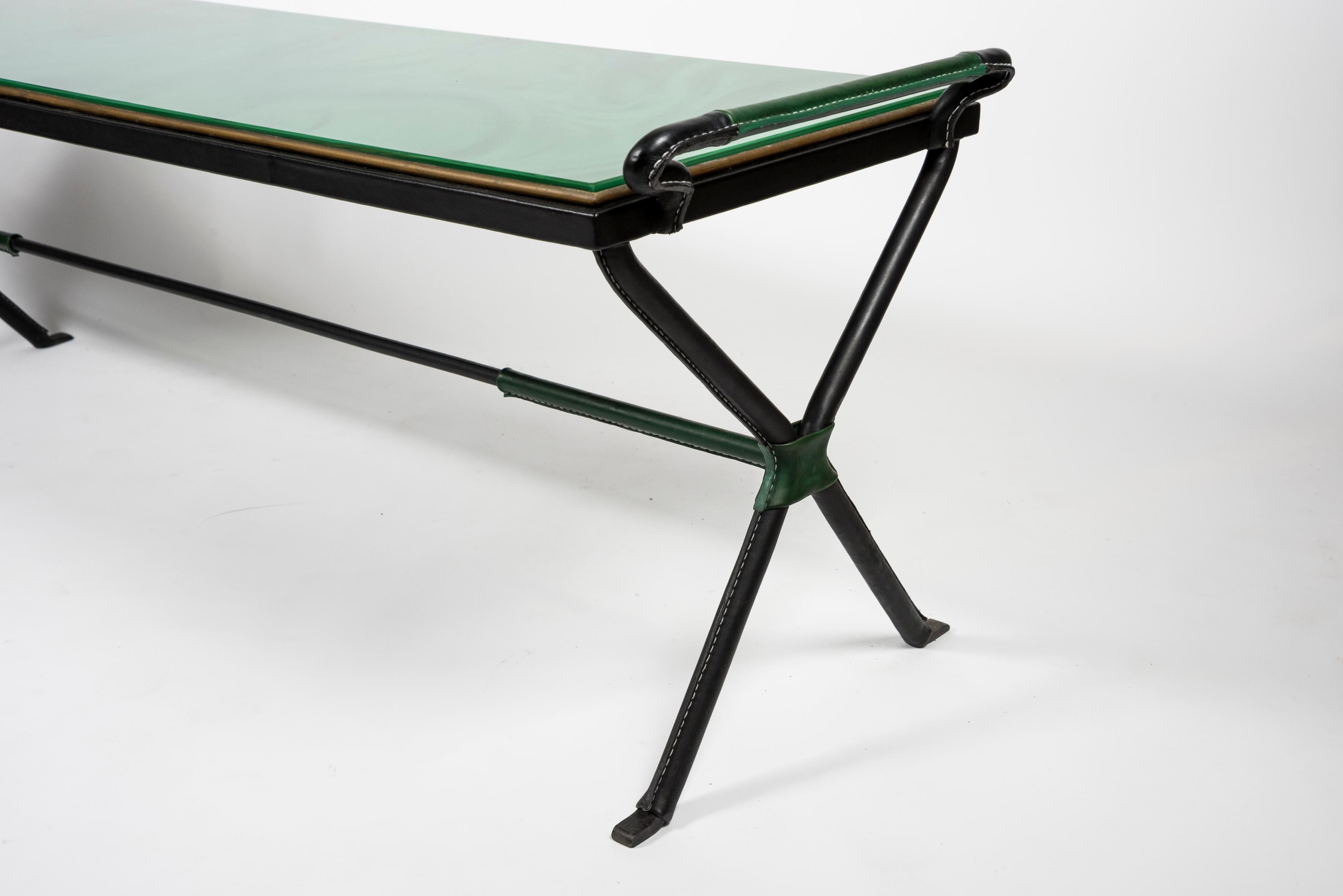 Long Stitched Leather Cocktail Table by Jacques Adnet, 1950s In Good Condition For Sale In Bois-Colombes, FR