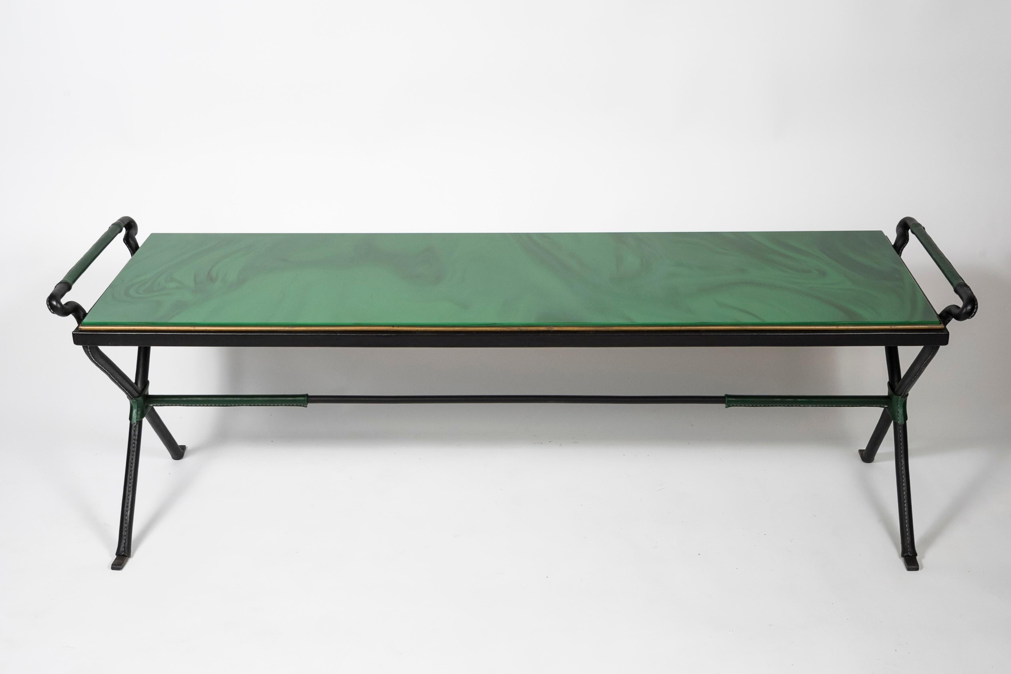 Opaline Glass Long Stitched Leather Cocktail Table by Jacques Adnet, 1950s For Sale