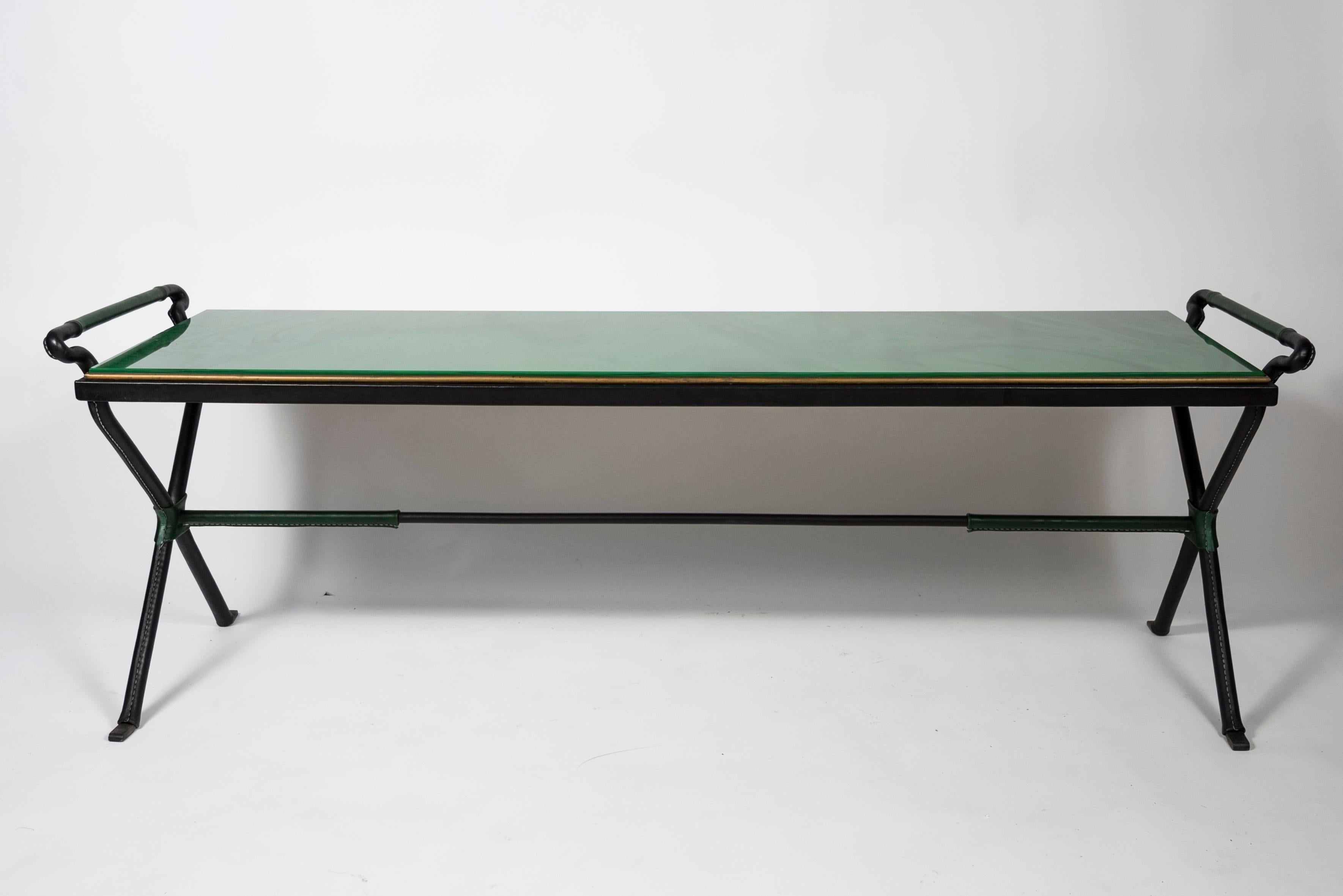 Long Stitched Leather Cocktail Table by Jacques Adnet, 1950s For Sale 1