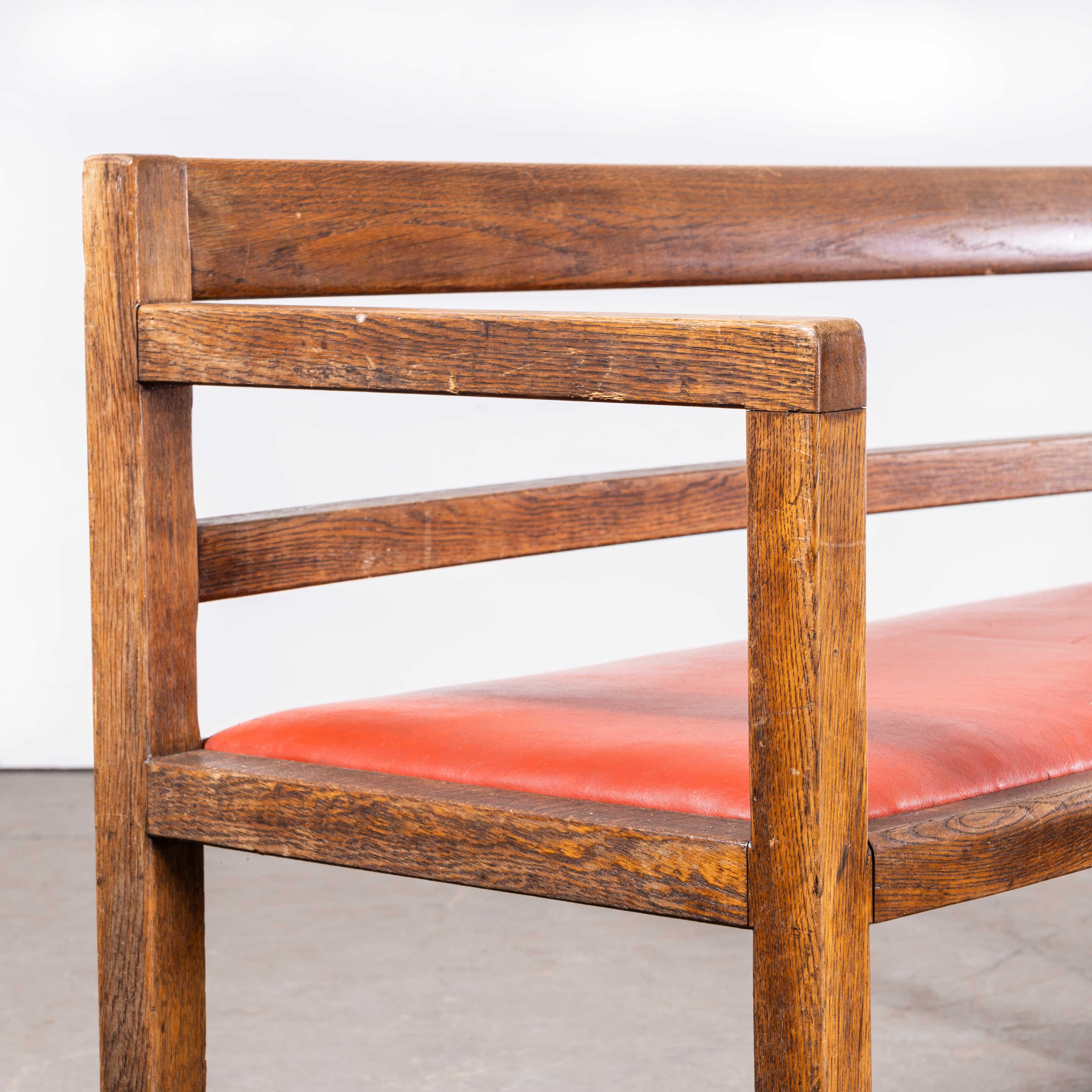 
1950’s Long Upholstered Red Bench – Richardson & Sons
1950’s Long Upholstered Red Bench – Richardson & Sons. Good sized handsome bench from the 1950’s with early upholstery. At 2.5 metres the bench is a good practical size and unusual to have a