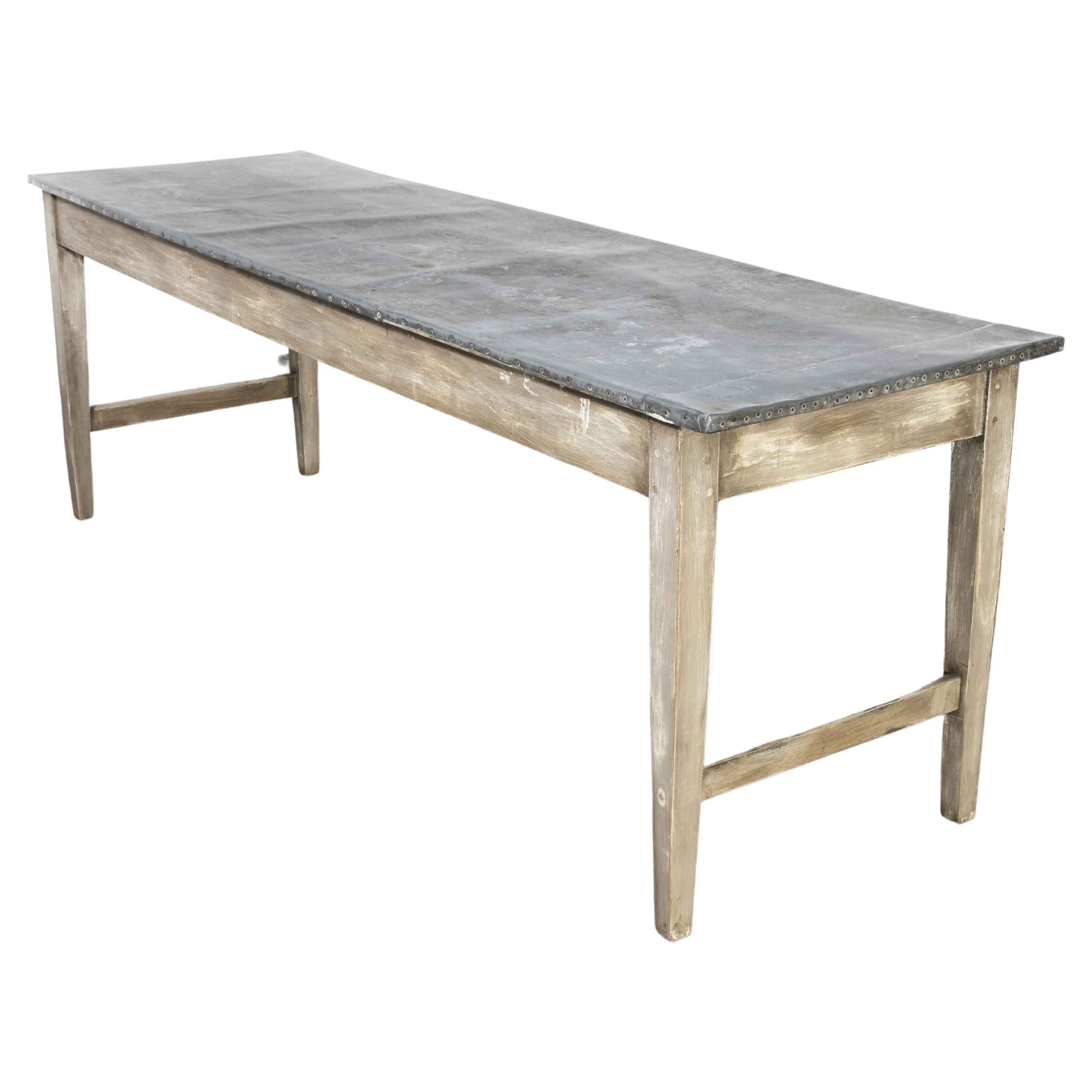 1950’s Long Zinc Topped Rectangular French Workshop Dining, Console Table