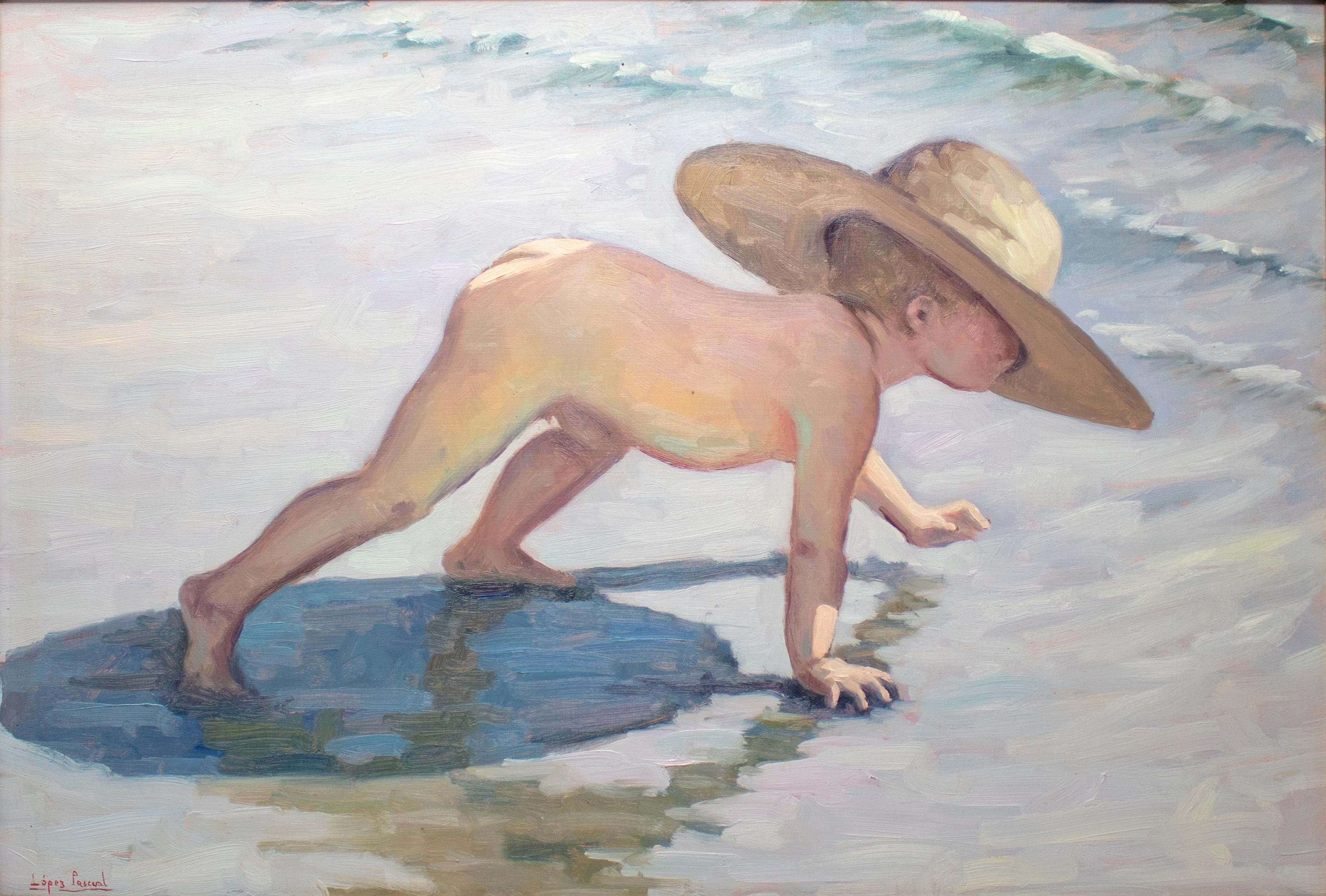1950er Jahre López Pascual, Öl auf Leinwand, Junge am Strand.

Abmessungen mit Rahmen: 48 x 64,5 x 5,5.