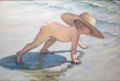 1950s López Pascual Oil on Canvas of Boy in Beach