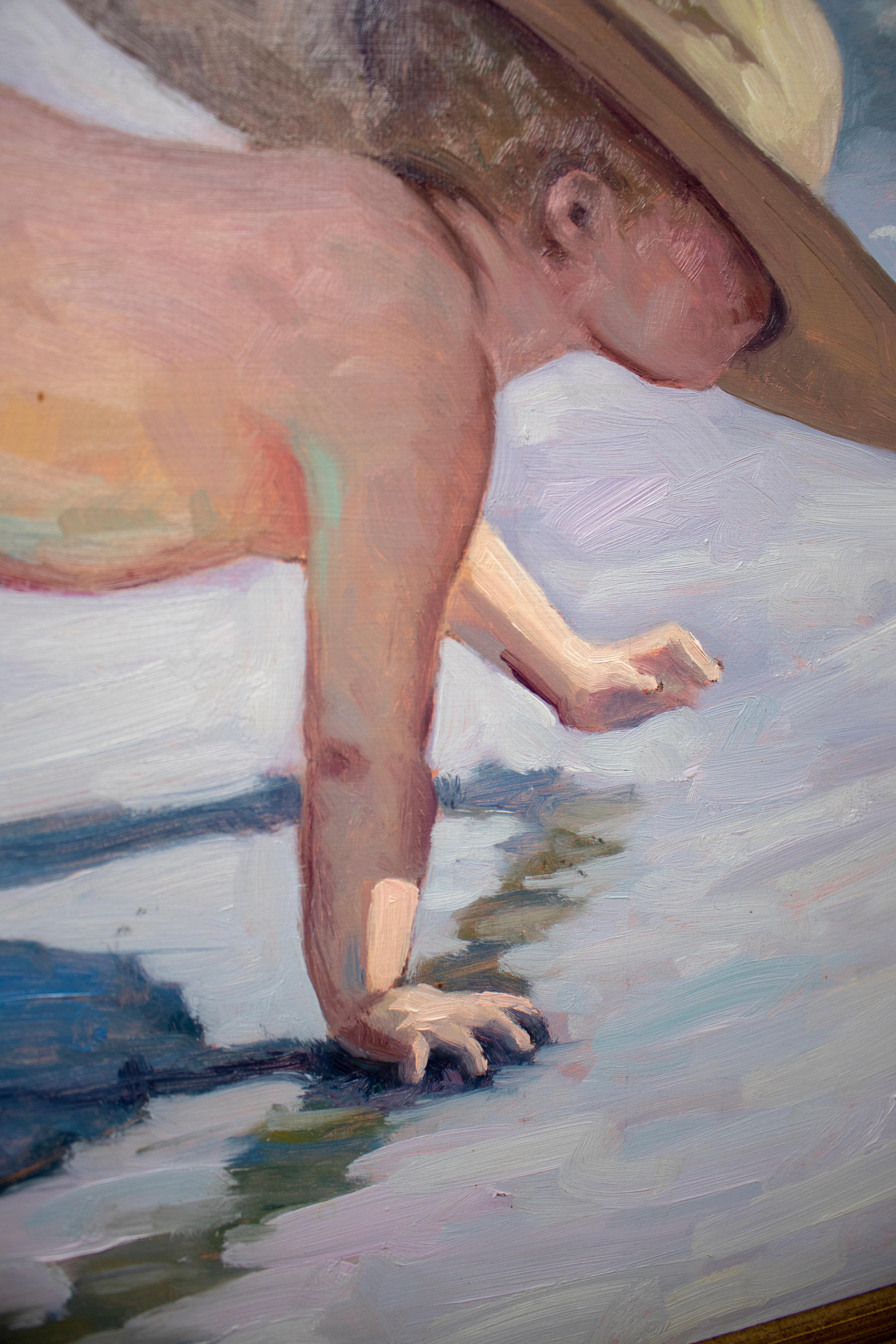 1950s López Pascual Oil on Canvas of Boy in Beach In Good Condition For Sale In Marbella, ES