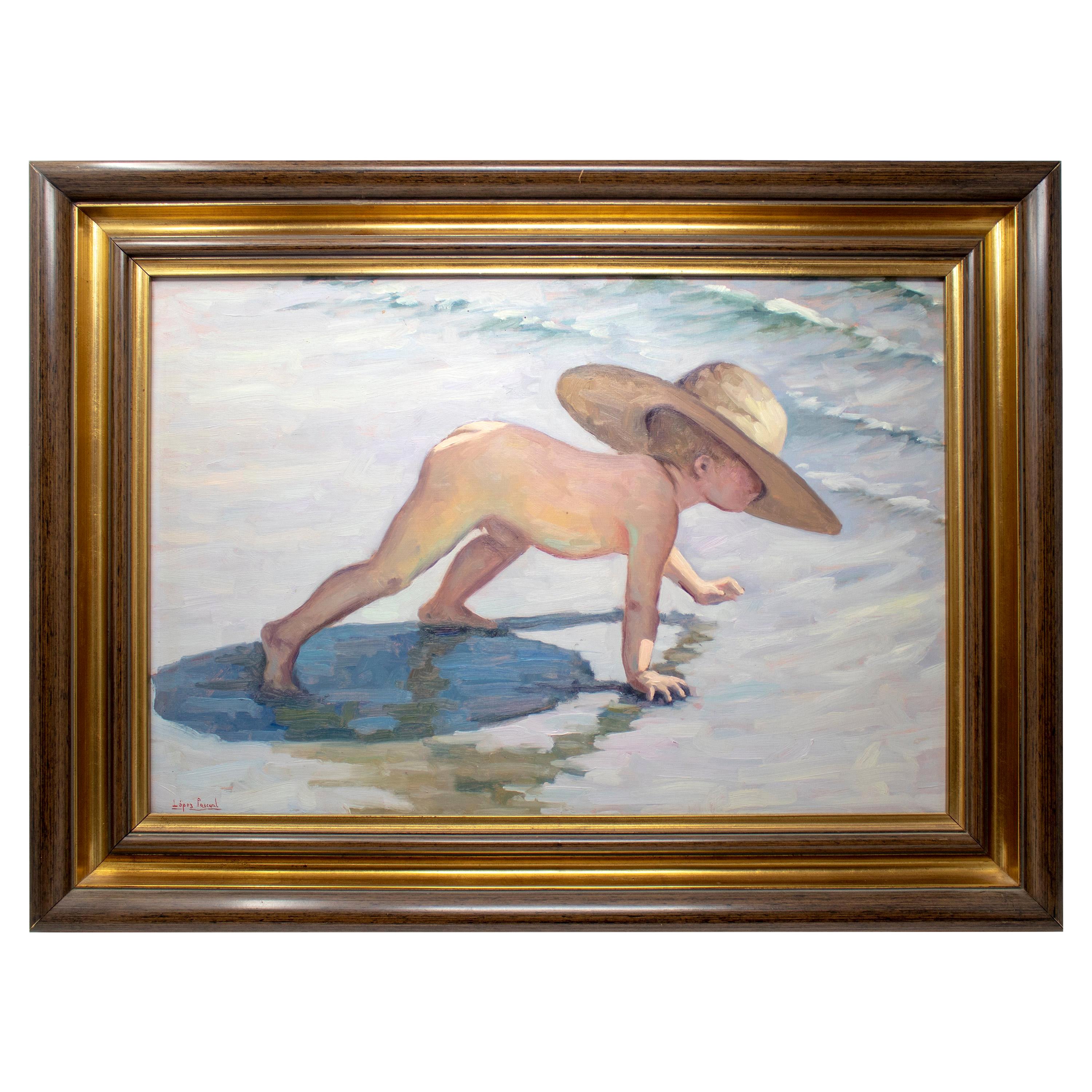 1950er López Pascual Öl auf Leinwand von Junge am Strand