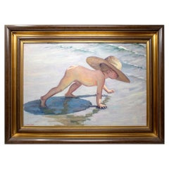 1950s López Pascual Huile sur toile d'un garçon à la plage