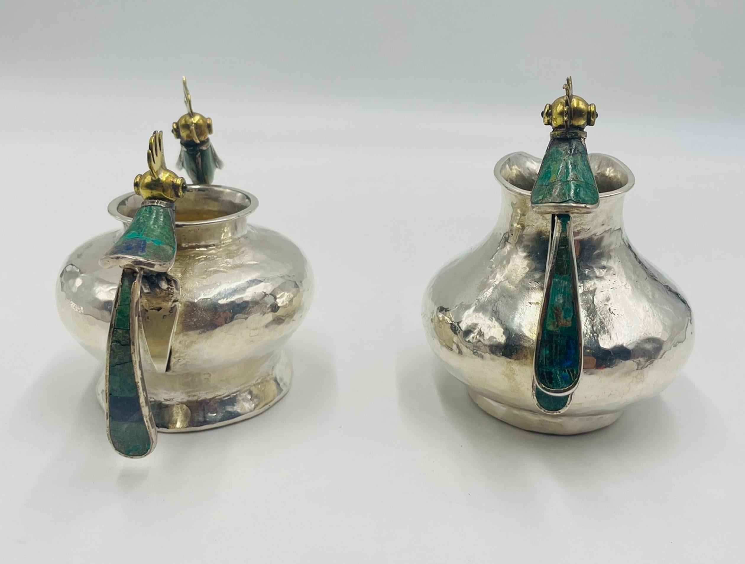 1950er Los Castillo Set aus Milchkännchen und Zucker mit Malachiteinlage, Taxco Mexico (Moderne) im Angebot