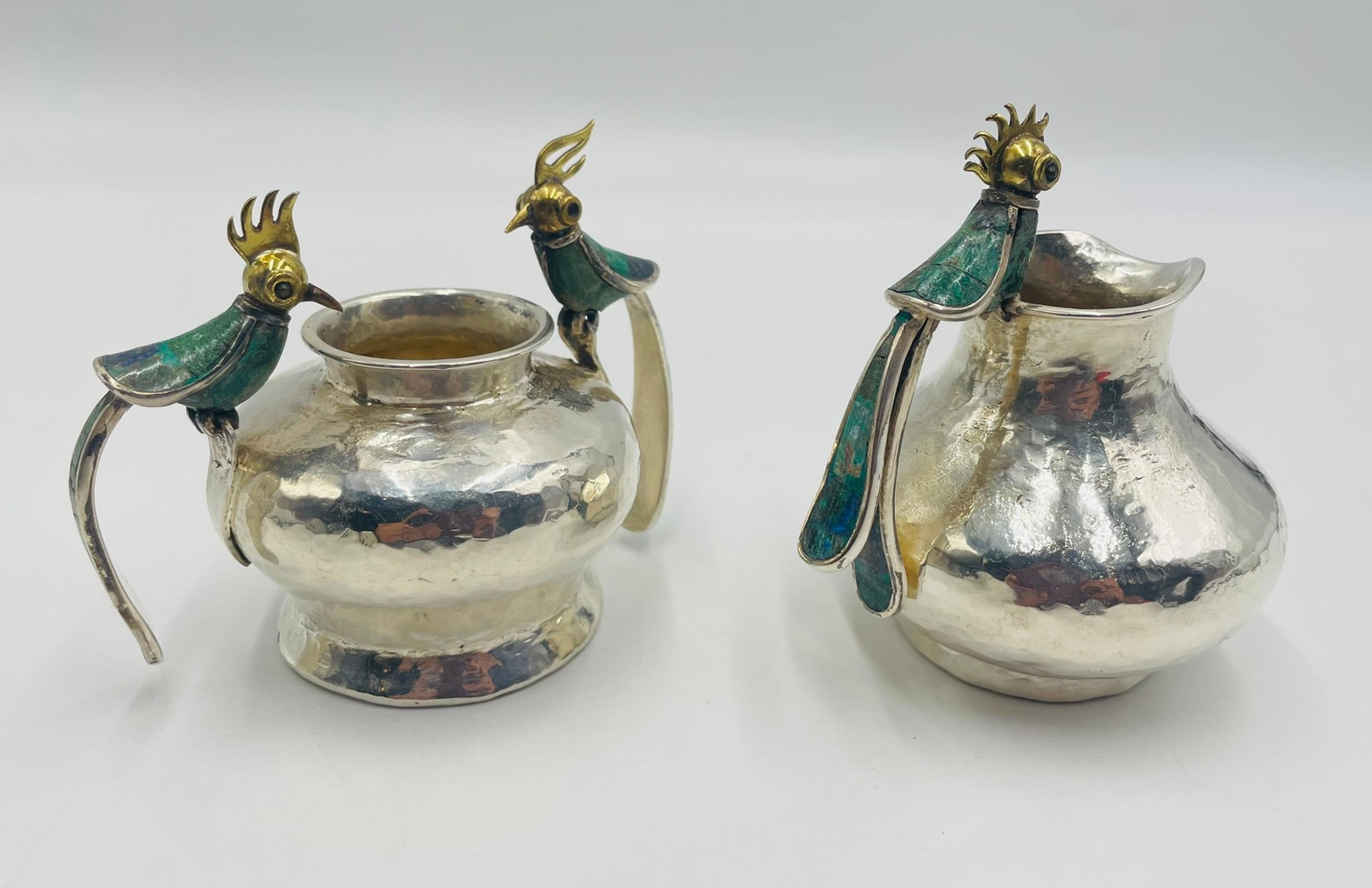 1950er Los Castillo Set aus Milchkännchen und Zucker mit Malachiteinlage, Taxco Mexico (Mexikanisch) im Angebot