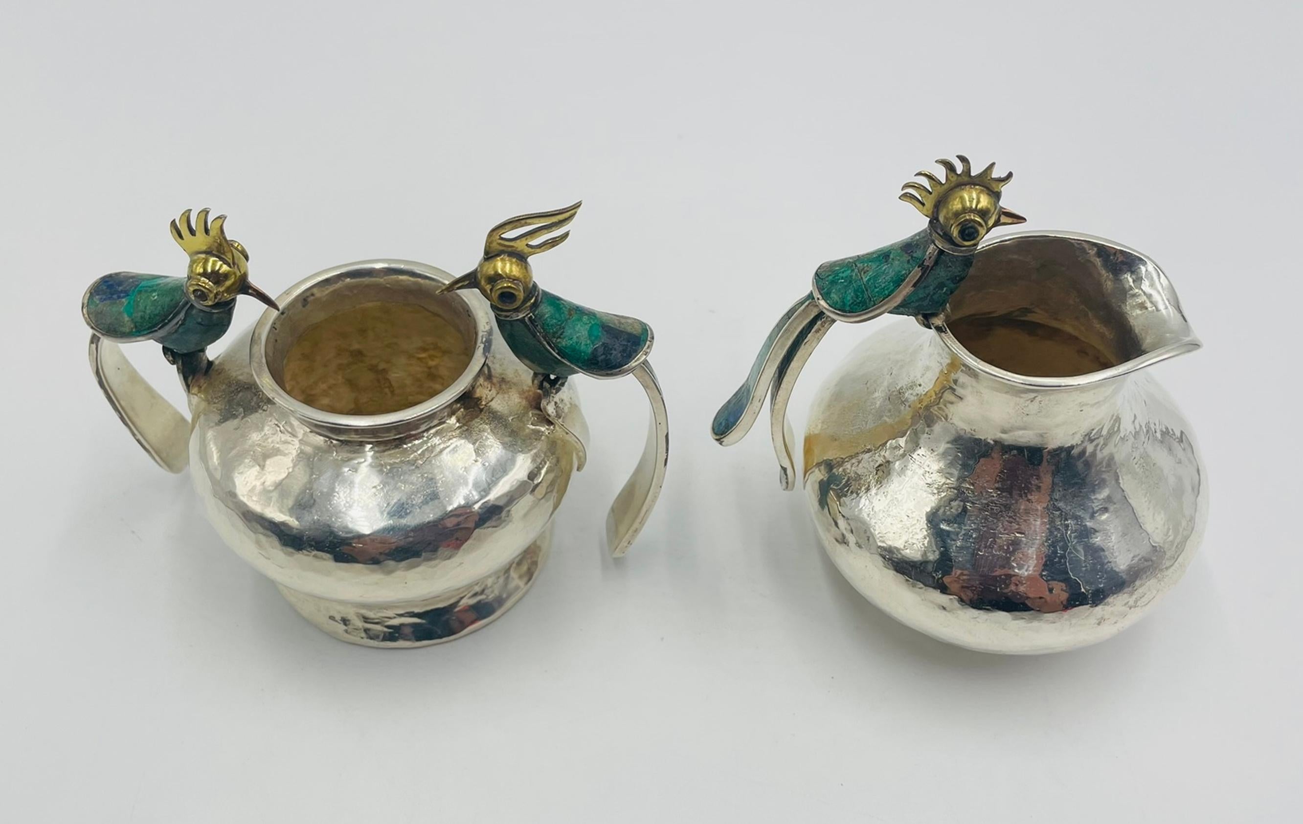 1950er Los Castillo Set aus Milchkännchen und Zucker mit Malachiteinlage, Taxco Mexico (Handgefertigt) im Angebot