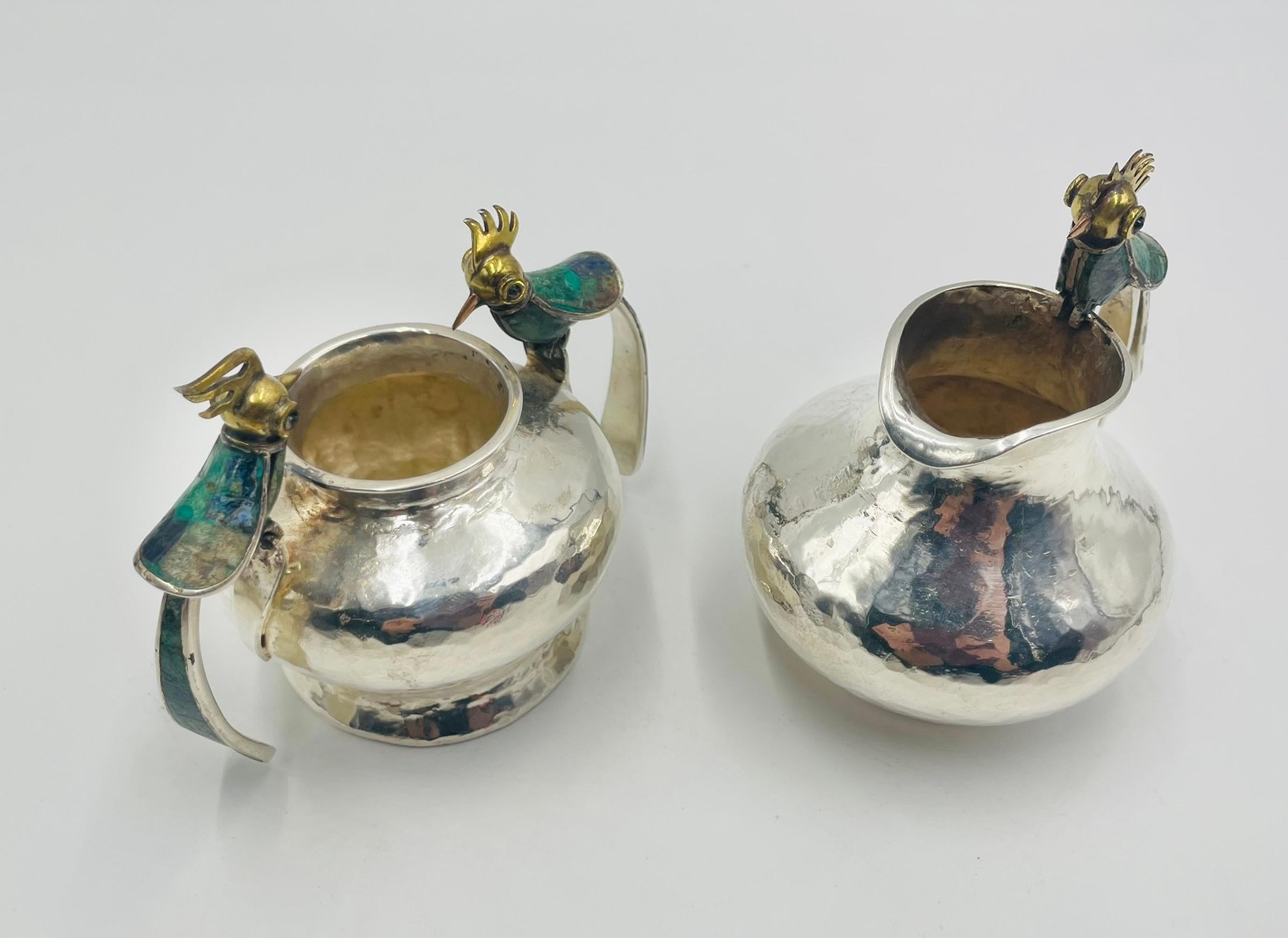 1950er Los Castillo Set aus Milchkännchen und Zucker mit Malachiteinlage, Taxco Mexico im Zustand „Gut“ im Angebot in Los Angeles, CA