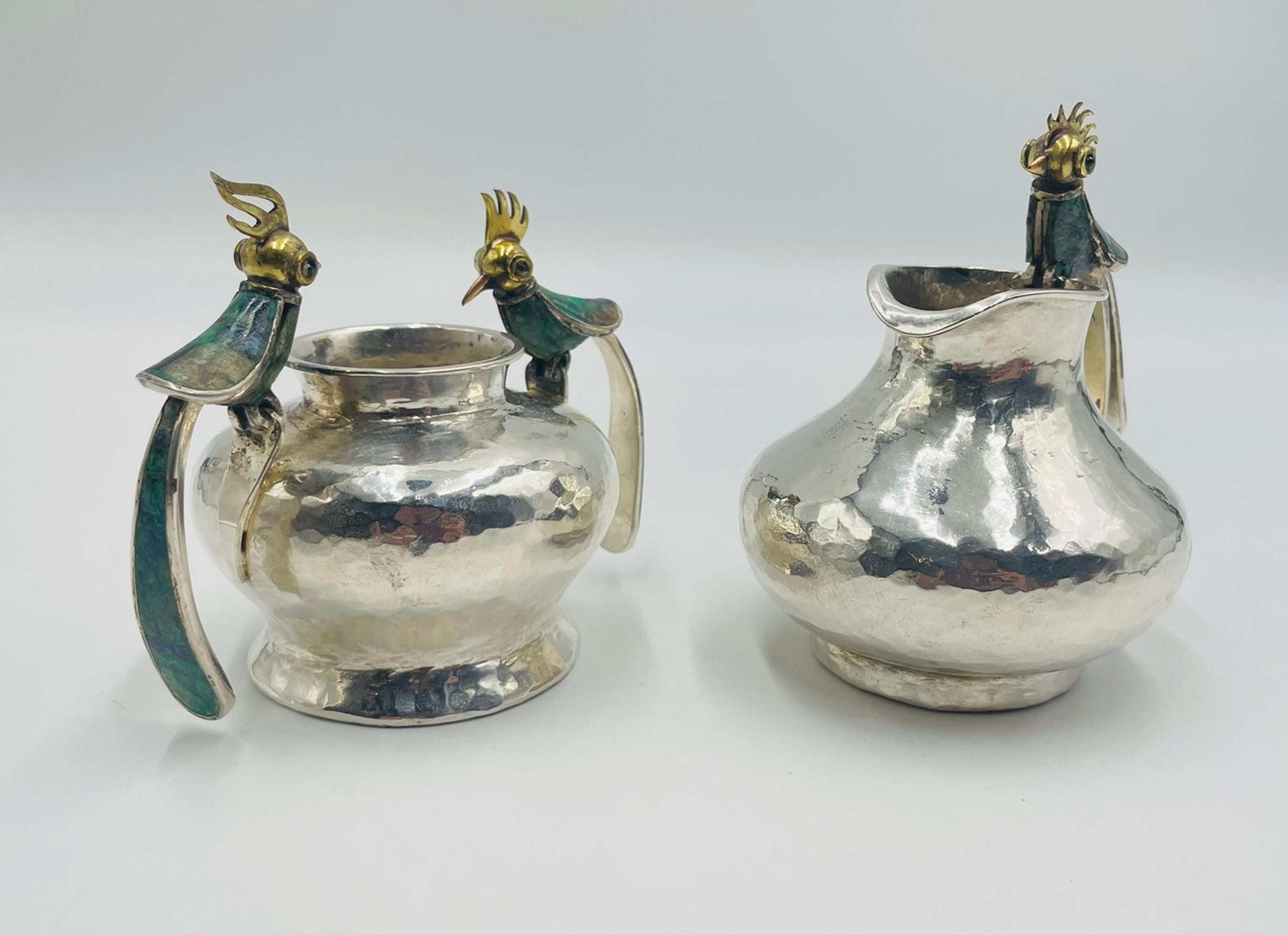 1950er Los Castillo Set aus Milchkännchen und Zucker mit Malachiteinlage, Taxco Mexico (Mitte des 20. Jahrhunderts) im Angebot