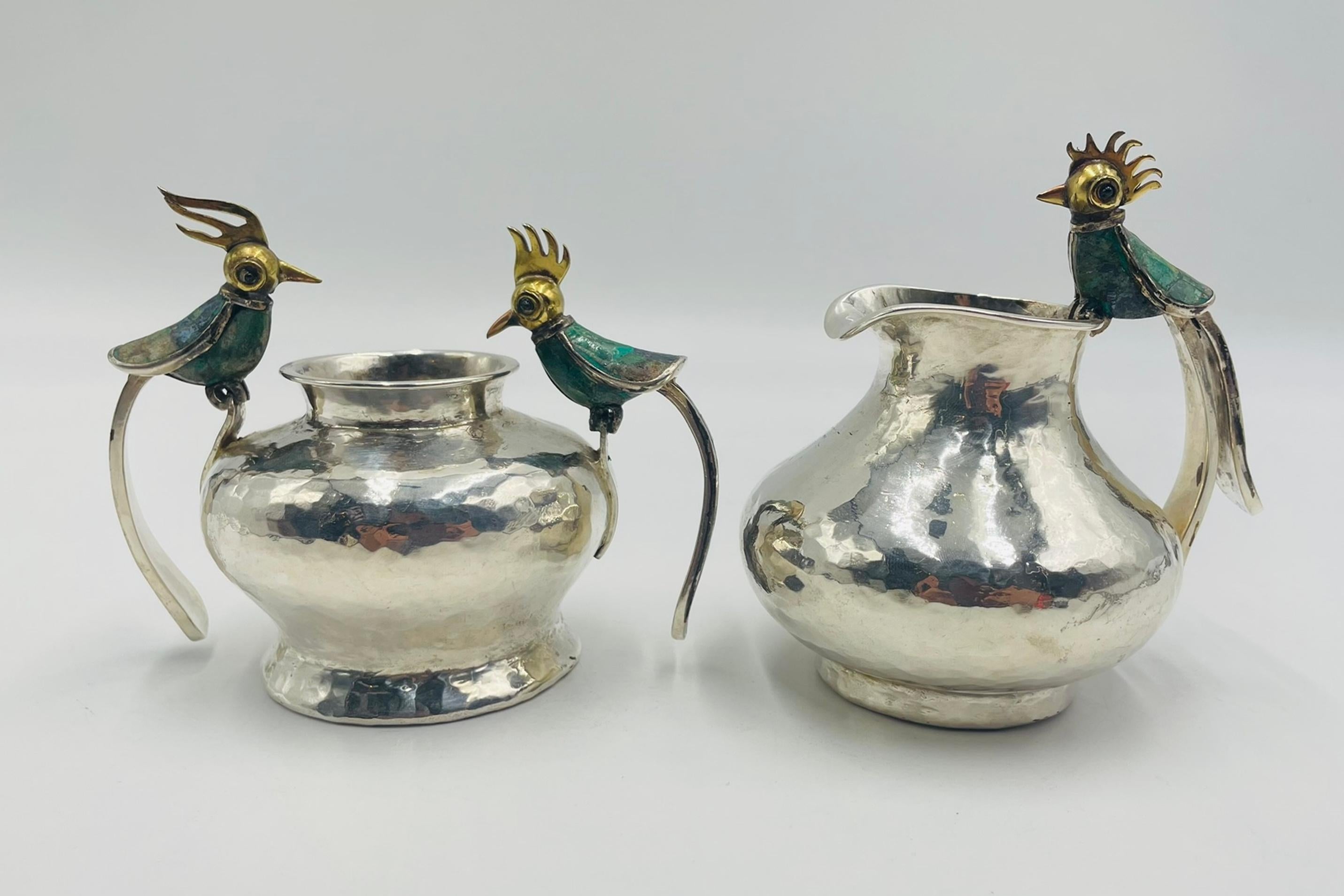 1950er Los Castillo Set aus Milchkännchen und Zucker mit Malachiteinlage, Taxco Mexico (Versilberung) im Angebot