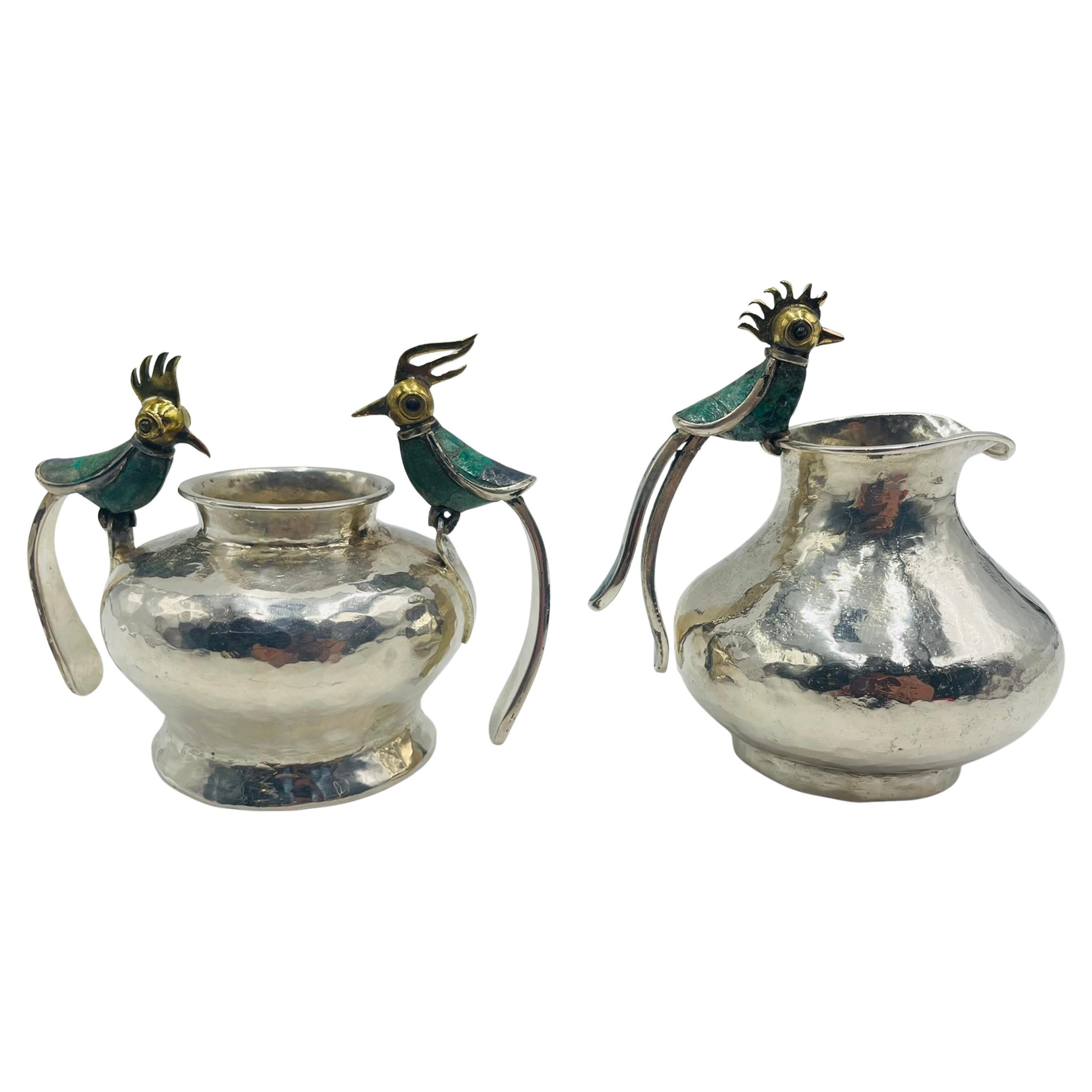 1950s Los Castillo Malachite-Inlaid Bird Creamer 
Sugar Set, Taxco Mexico