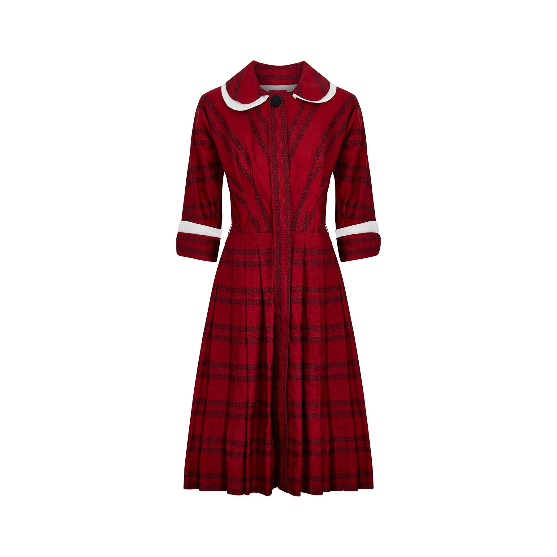 Women's 1950s Lou-Ette Red and Black Cotton Shirt Waister Dress For Sale