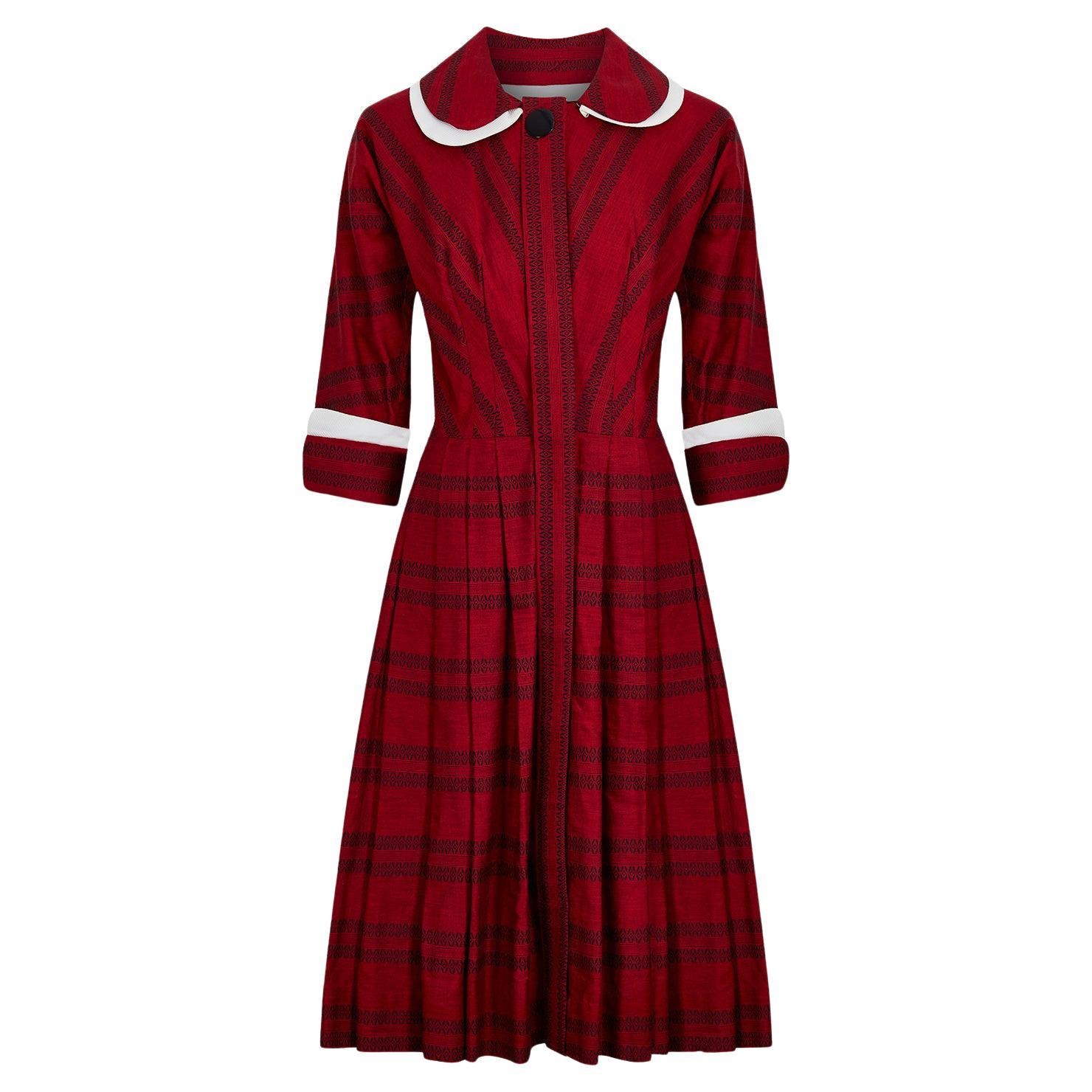 1950s Lou-Ette Red and Black Cotton Shirt Waister Dress For Sale