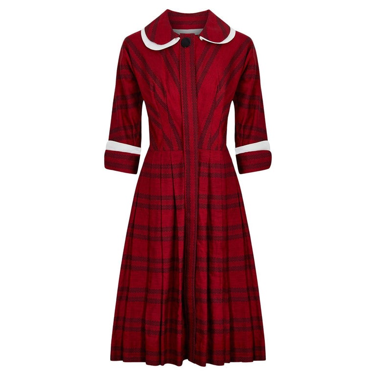 open lace back dress 50s 60s BRIGHT RED CORDUROY CORD DRESS WITH FULL SKIRT AND COLLAR