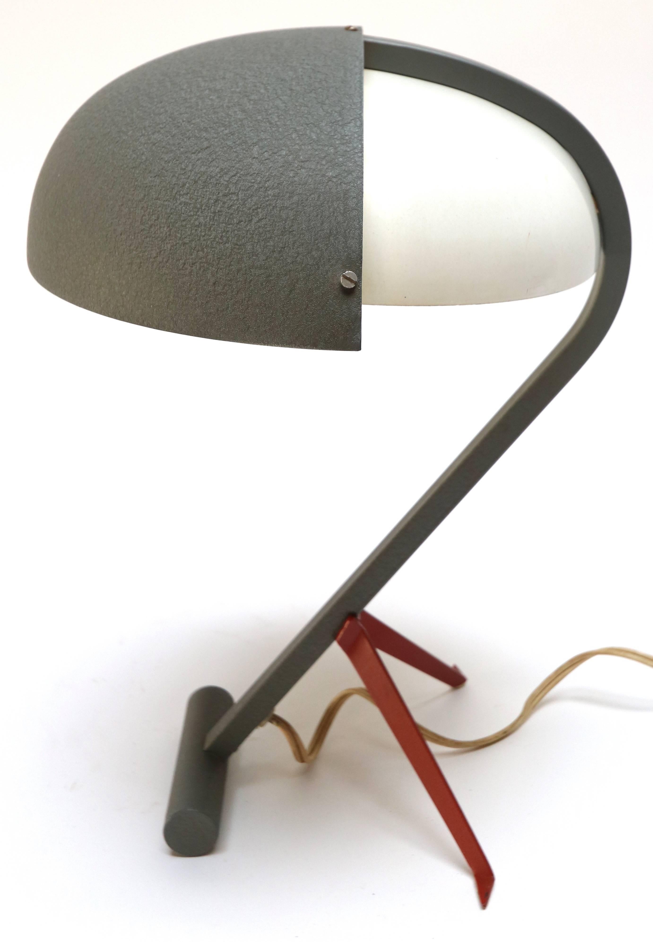 1950s Louis Kalff for Philips grey metal table or desk lamp with white shade and red accents.