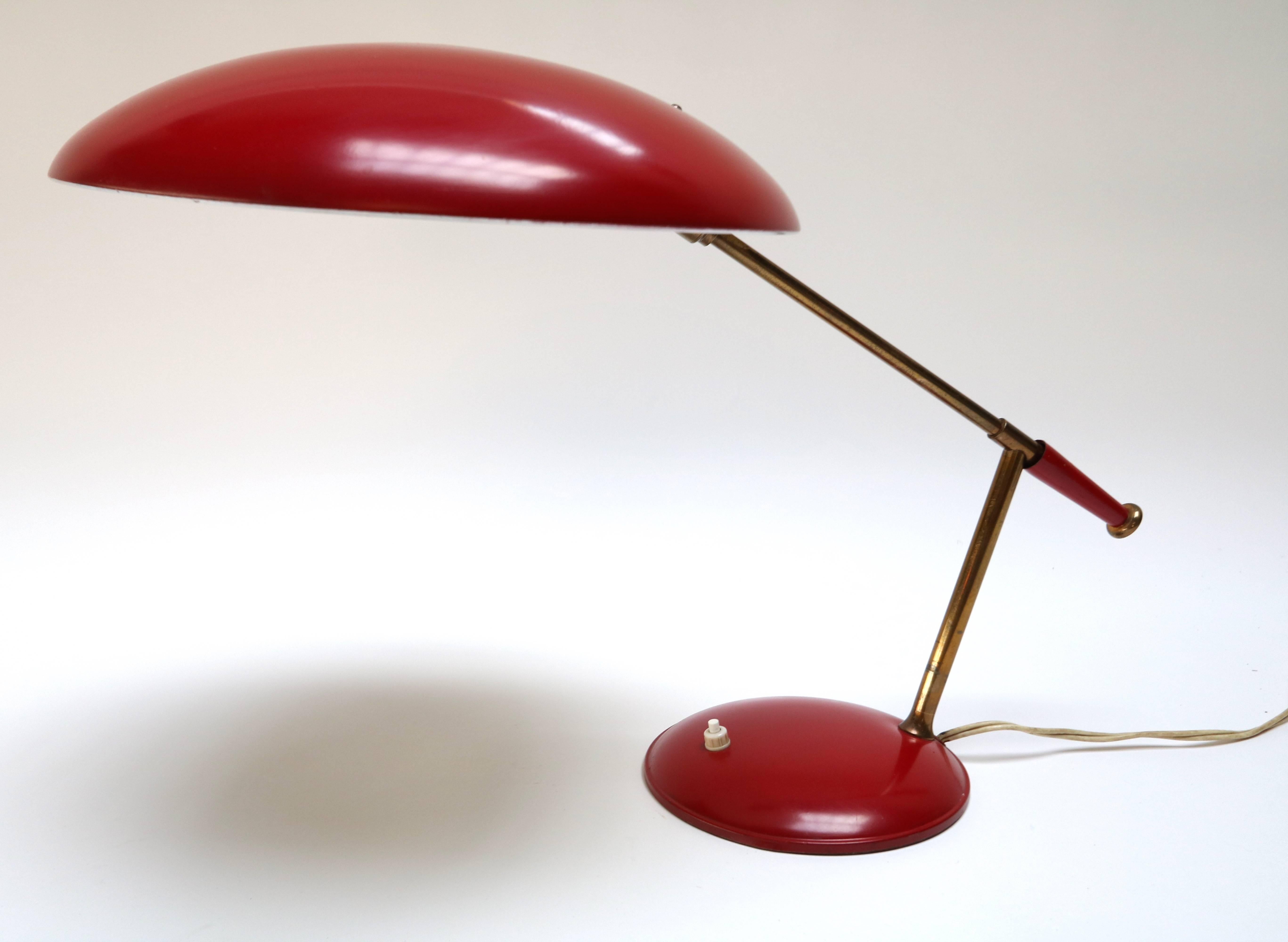 Mid-Century Modern 1950s Louis Kalff Red Metal and Brass Table or Desk Lamp