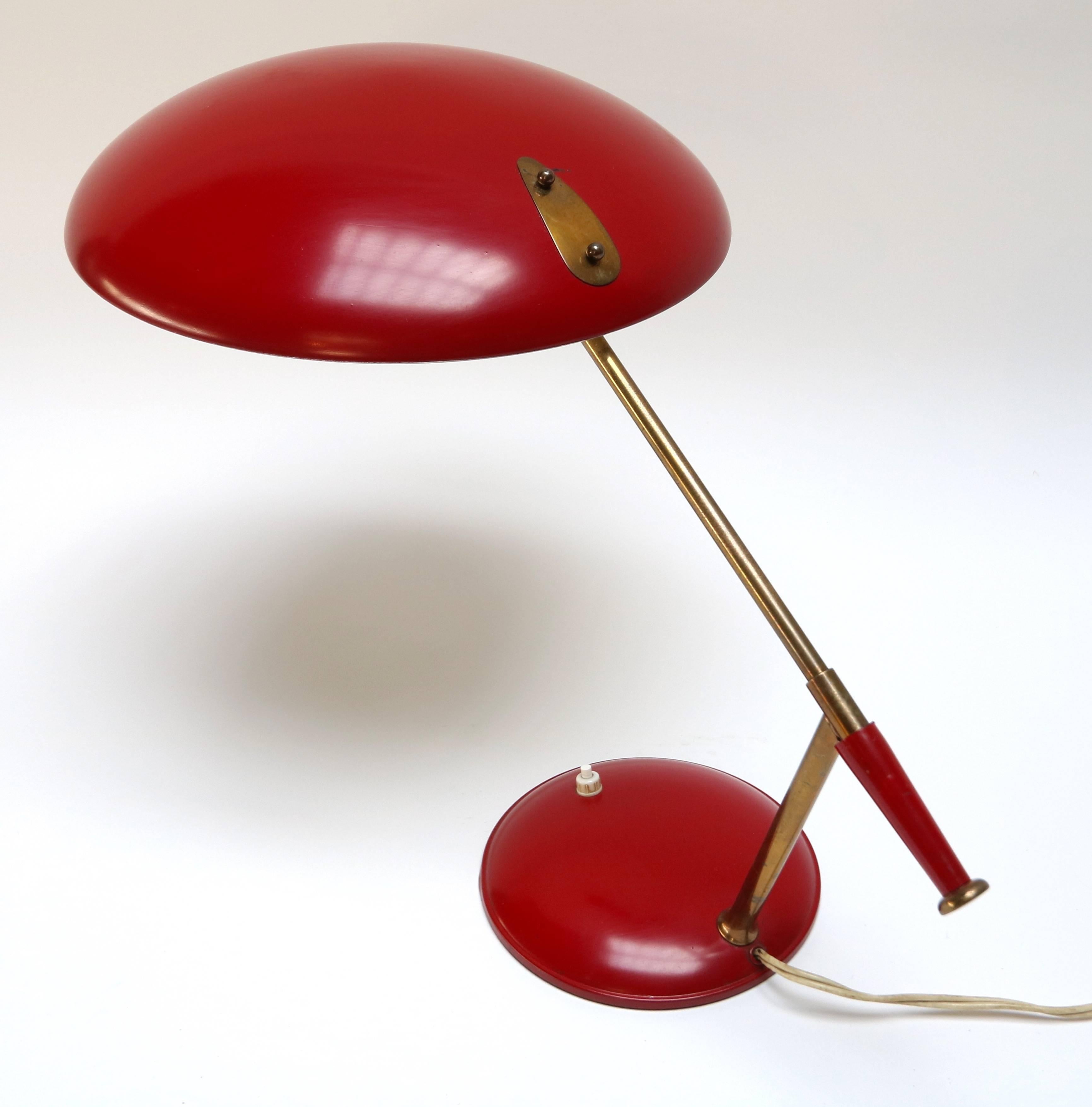 Dutch 1950s Louis Kalff Red Metal and Brass Table or Desk Lamp