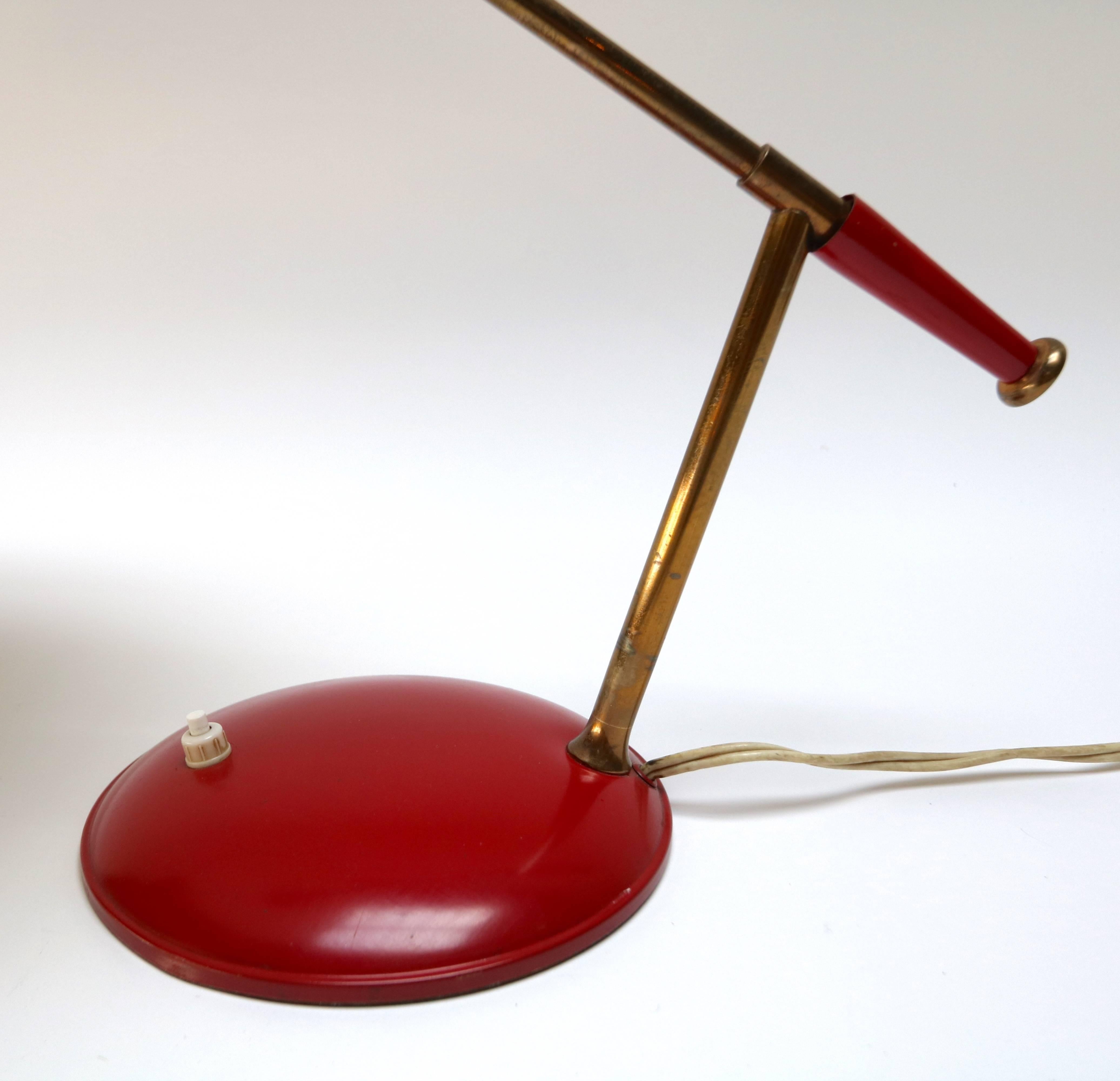 Mid-20th Century 1950s Louis Kalff Red Metal and Brass Table or Desk Lamp