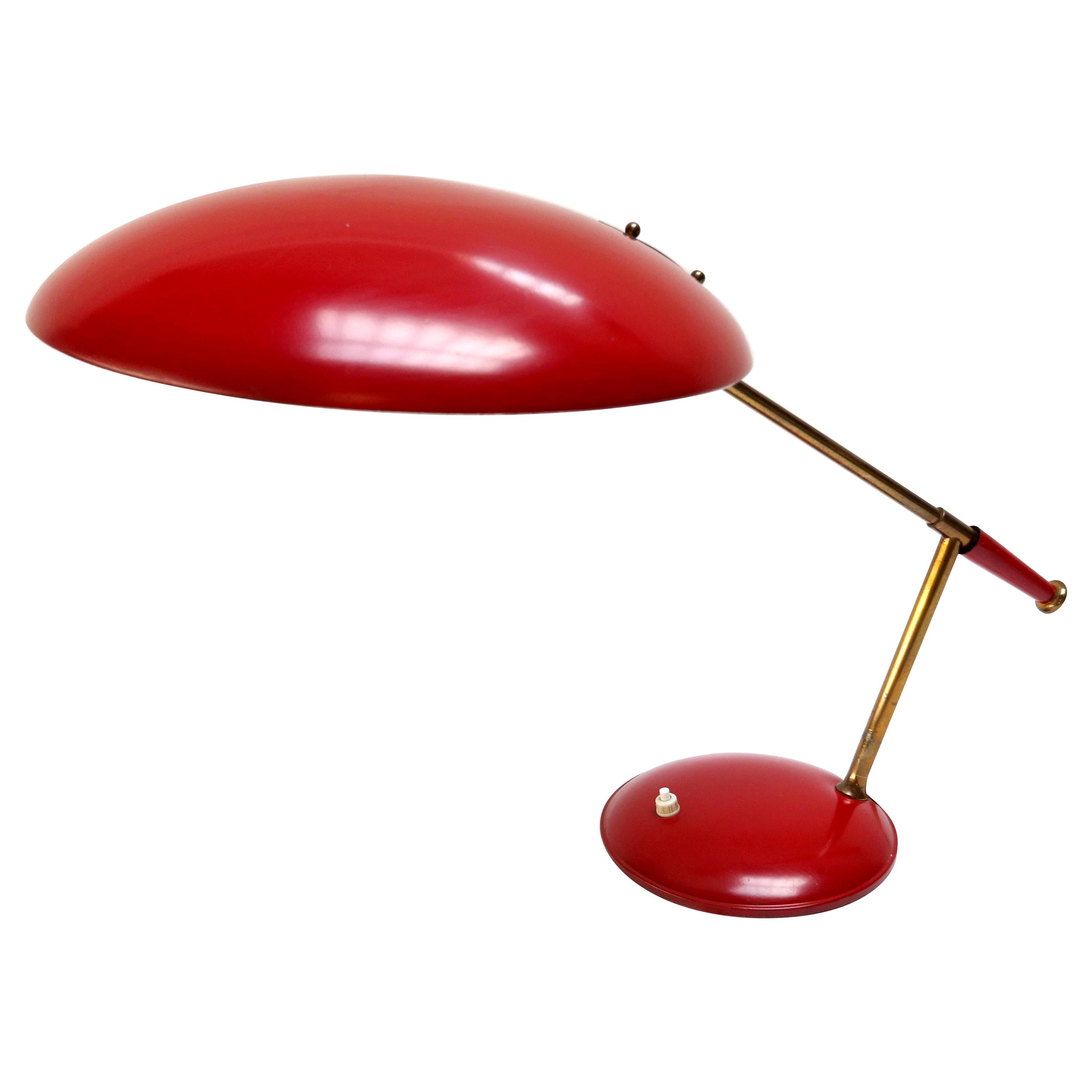 1950s Louis Kalff Red Metal and Brass Table or Desk Lamp