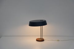 1950s Louis Kalff Style Industrial Desk Lamp, Matte Blue Aluminum, Steel Stem