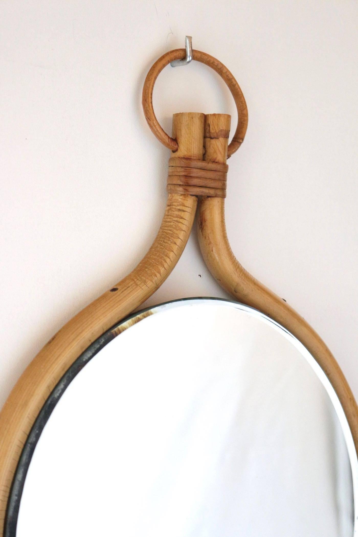 French 1950s Louis Sognot Drop Water Rattan Mirror