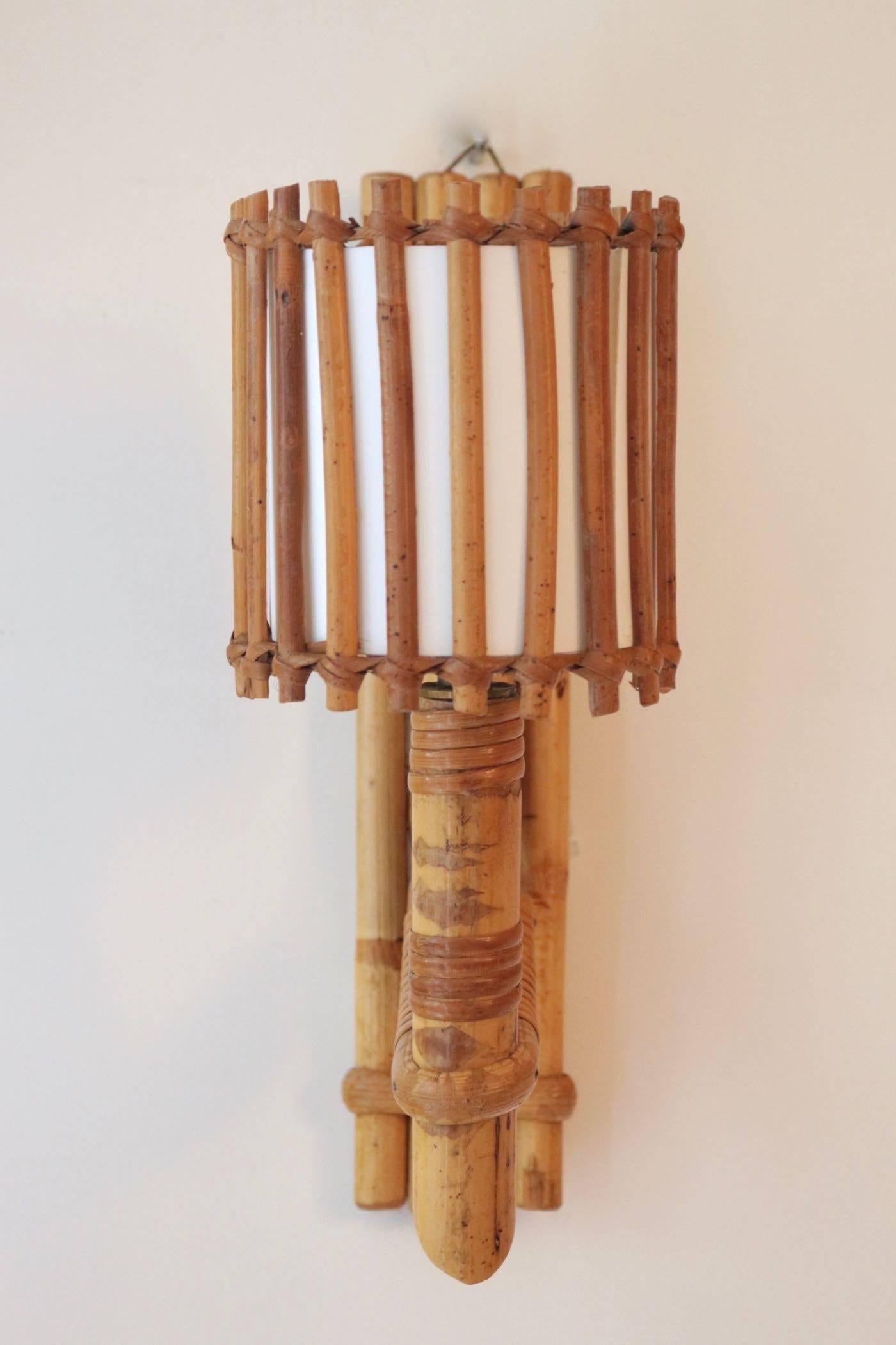 1950s, Louis Sognot Pair of Rattan Sconces 1