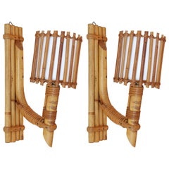 1950s, Louis Sognot Pair of Rattan Sconces