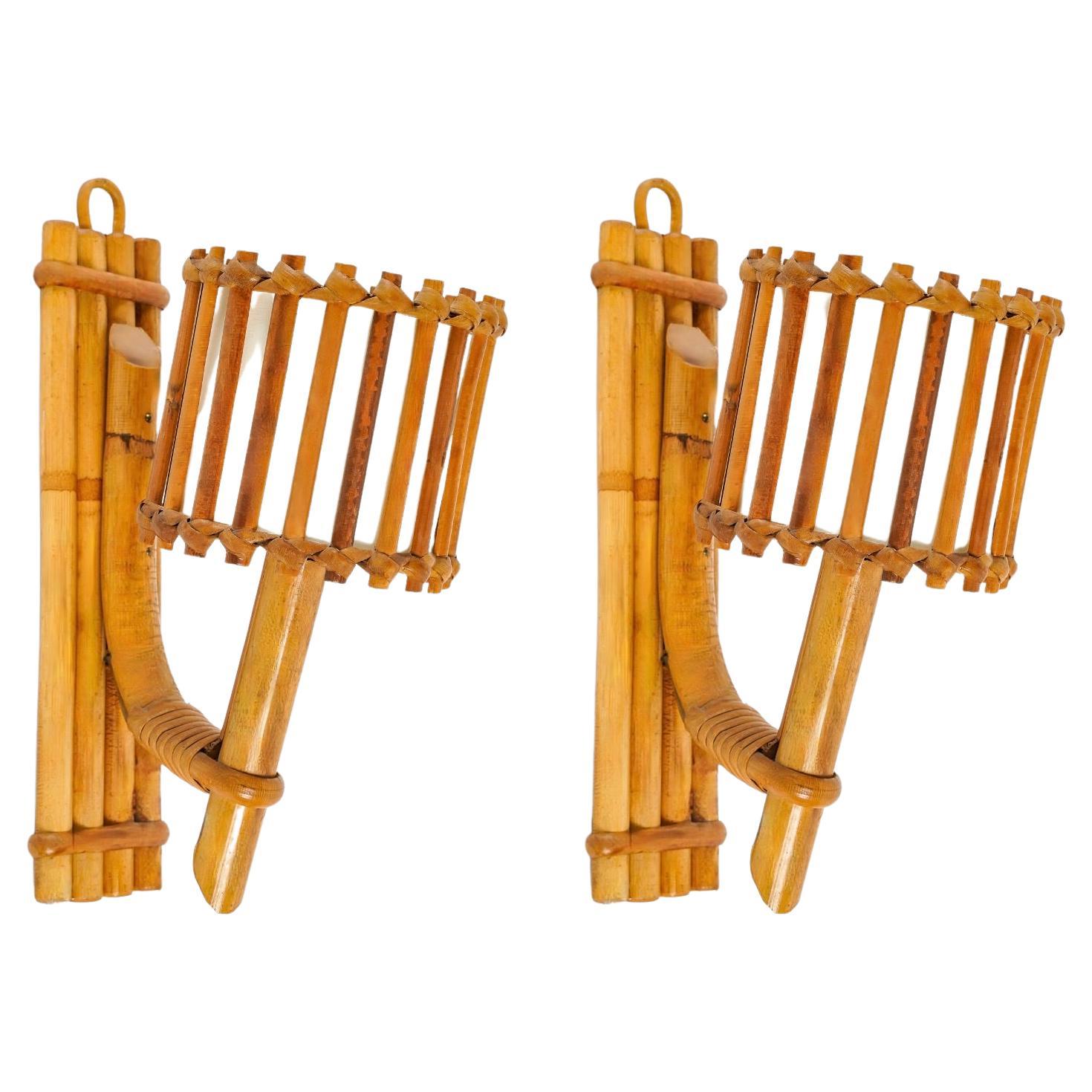 1950s, Louis Sognot Pair of Rattan Sconces For Sale