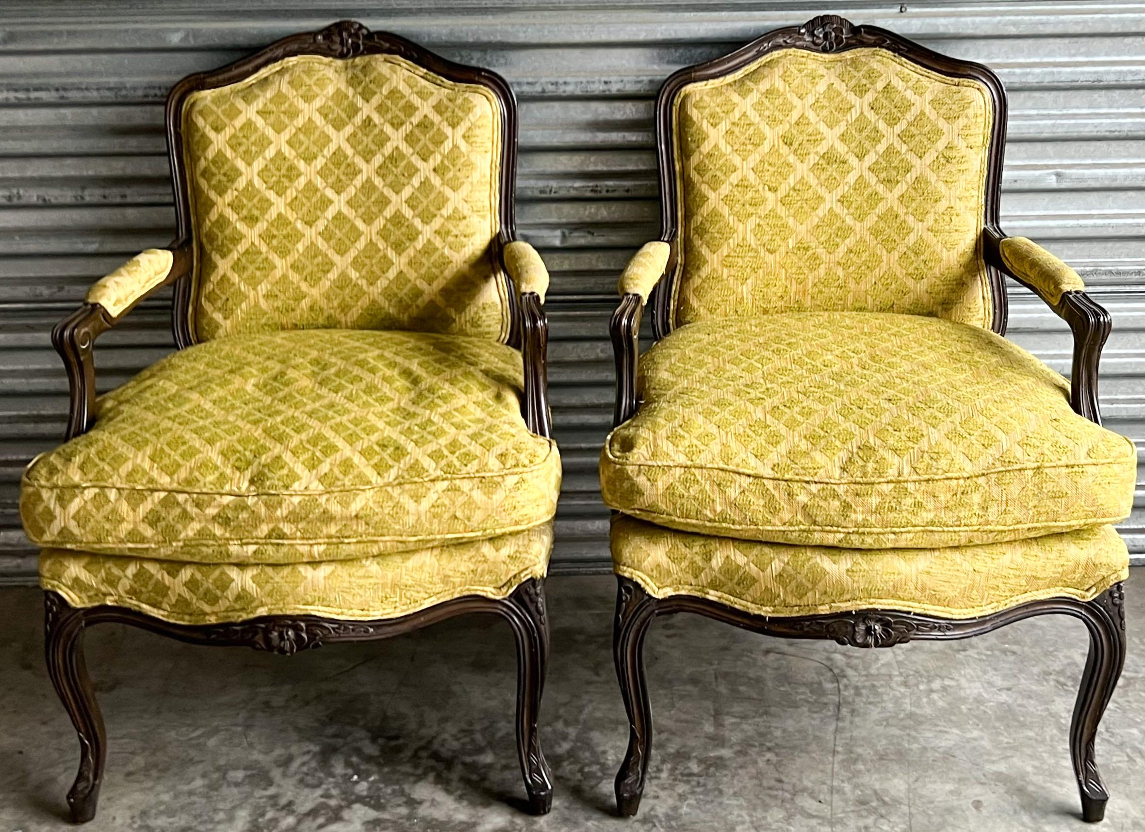Unknown 1950s Louis XV Style Ebonized and Carved Fruitwood Arm Chairs W/ Down Cushion, 2 For Sale