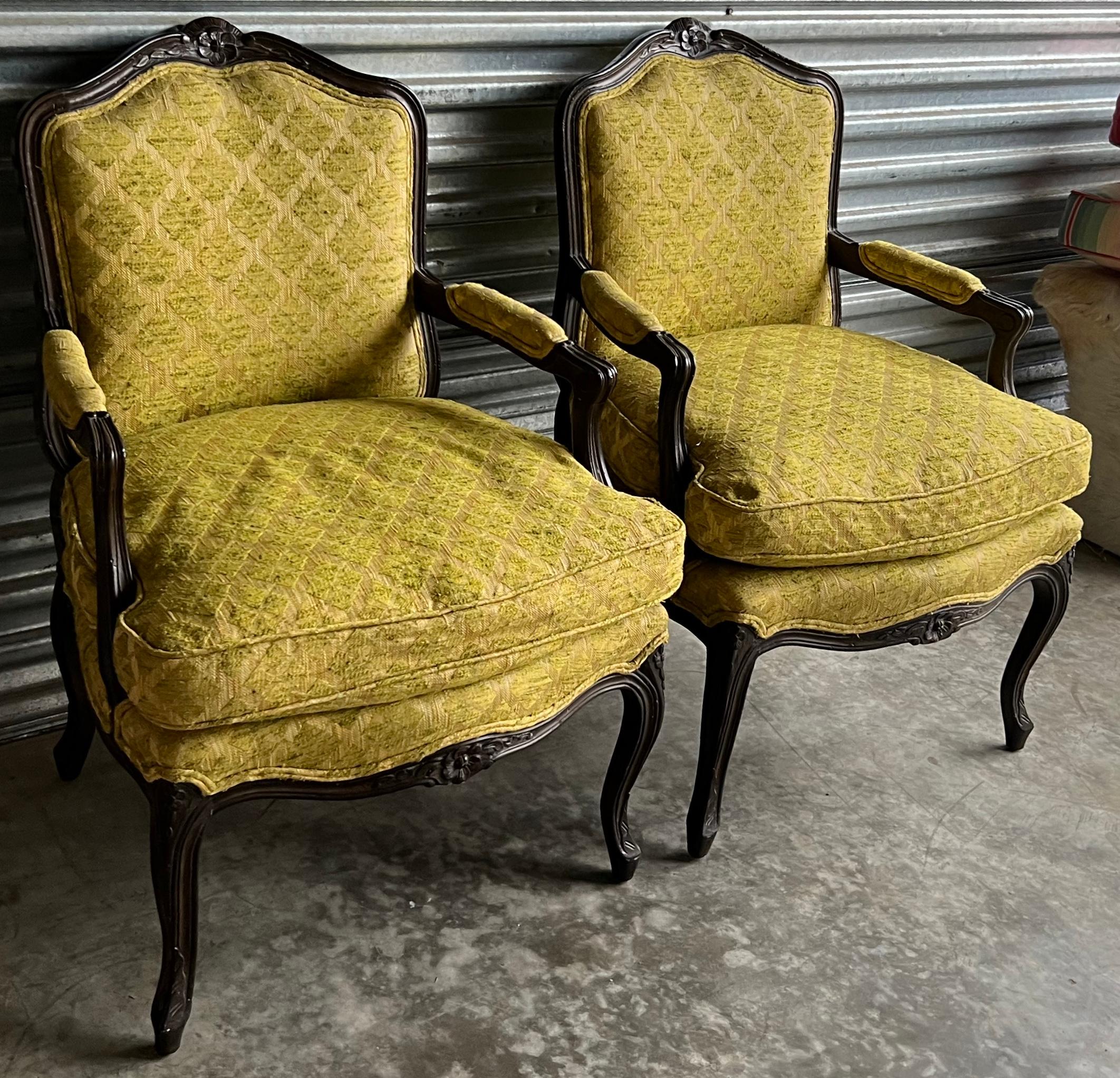 Mid-20th Century 1950s Louis XV Style Ebonized and Carved Fruitwood Arm Chairs W/ Down Cushion, 2 For Sale