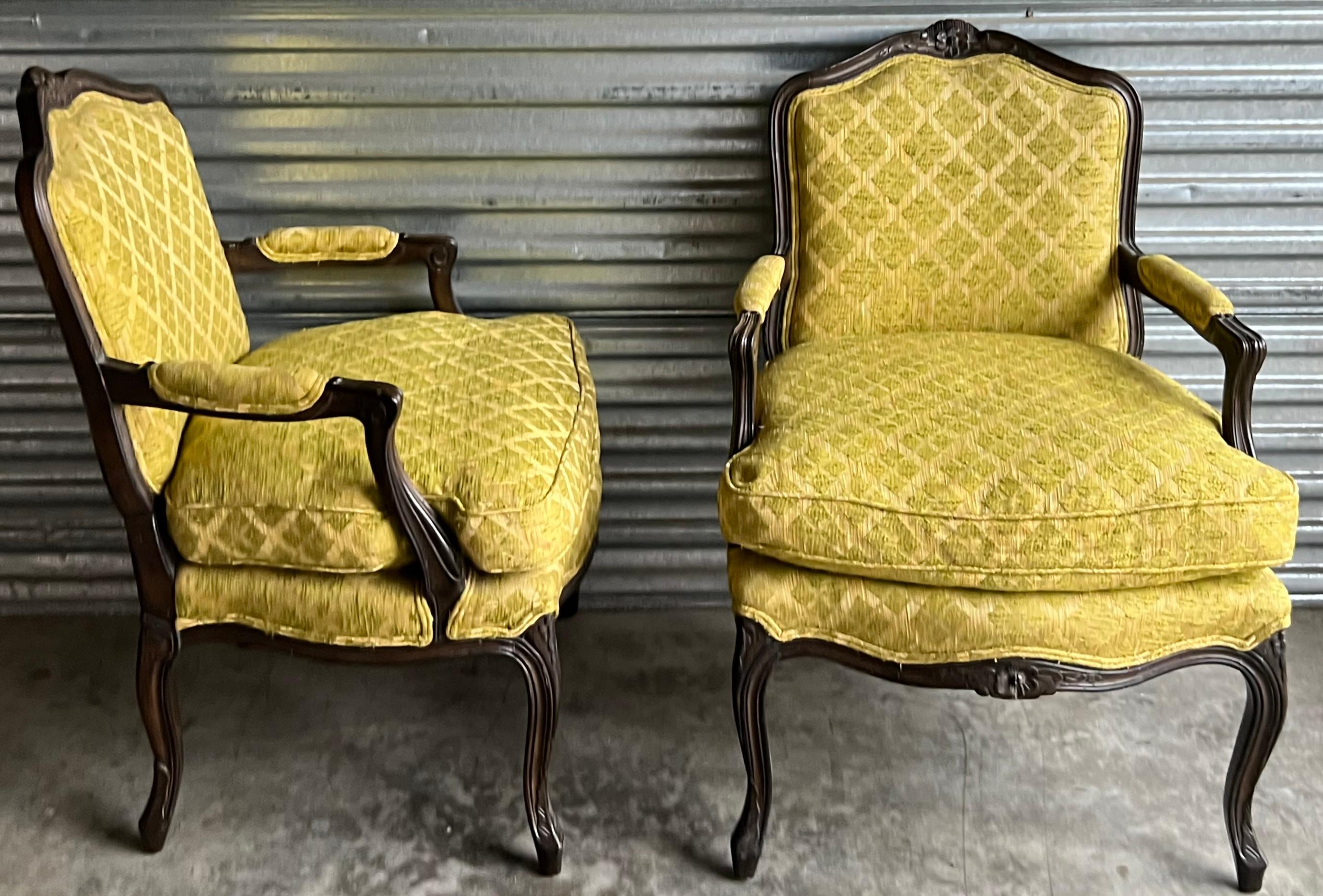 Upholstery 1950s Louis XV Style Ebonized and Carved Fruitwood Arm Chairs W/ Down Cushion, 2 For Sale