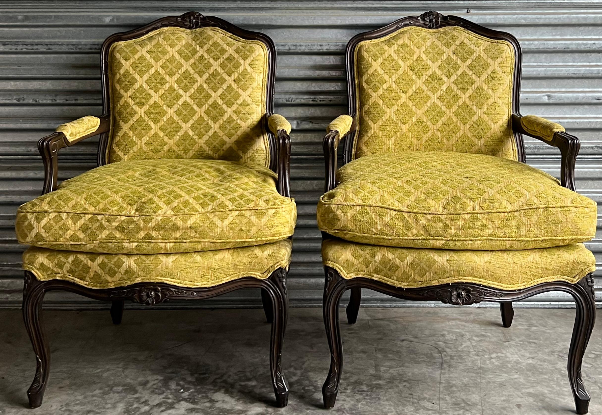 1950s Louis XV Style Ebonized and Carved Fruitwood Arm Chairs W/ Down Cushion, 2 For Sale 1