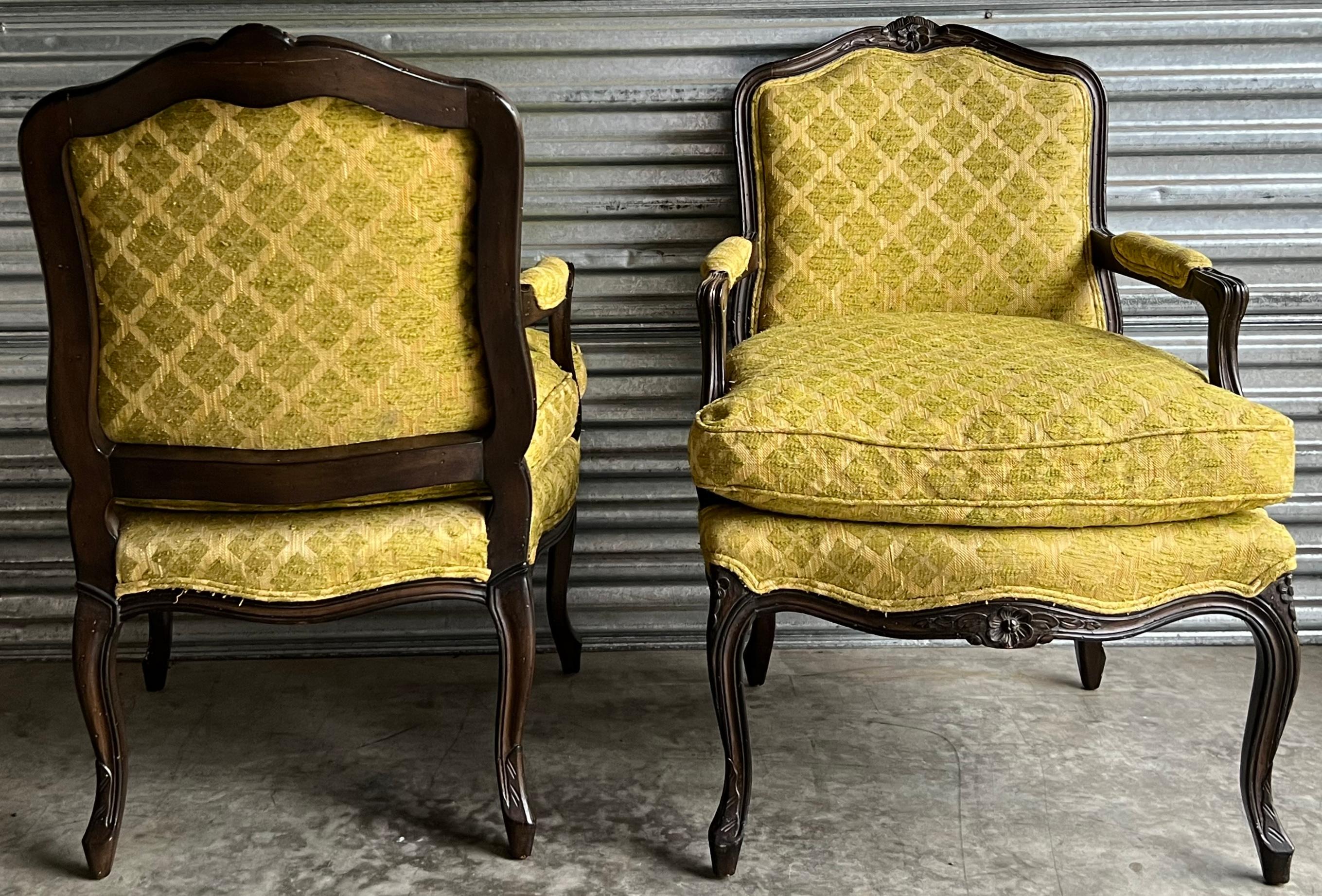 1950s Louis XV Style Ebonized and Carved Fruitwood Arm Chairs W/ Down Cushion, 2 For Sale 2