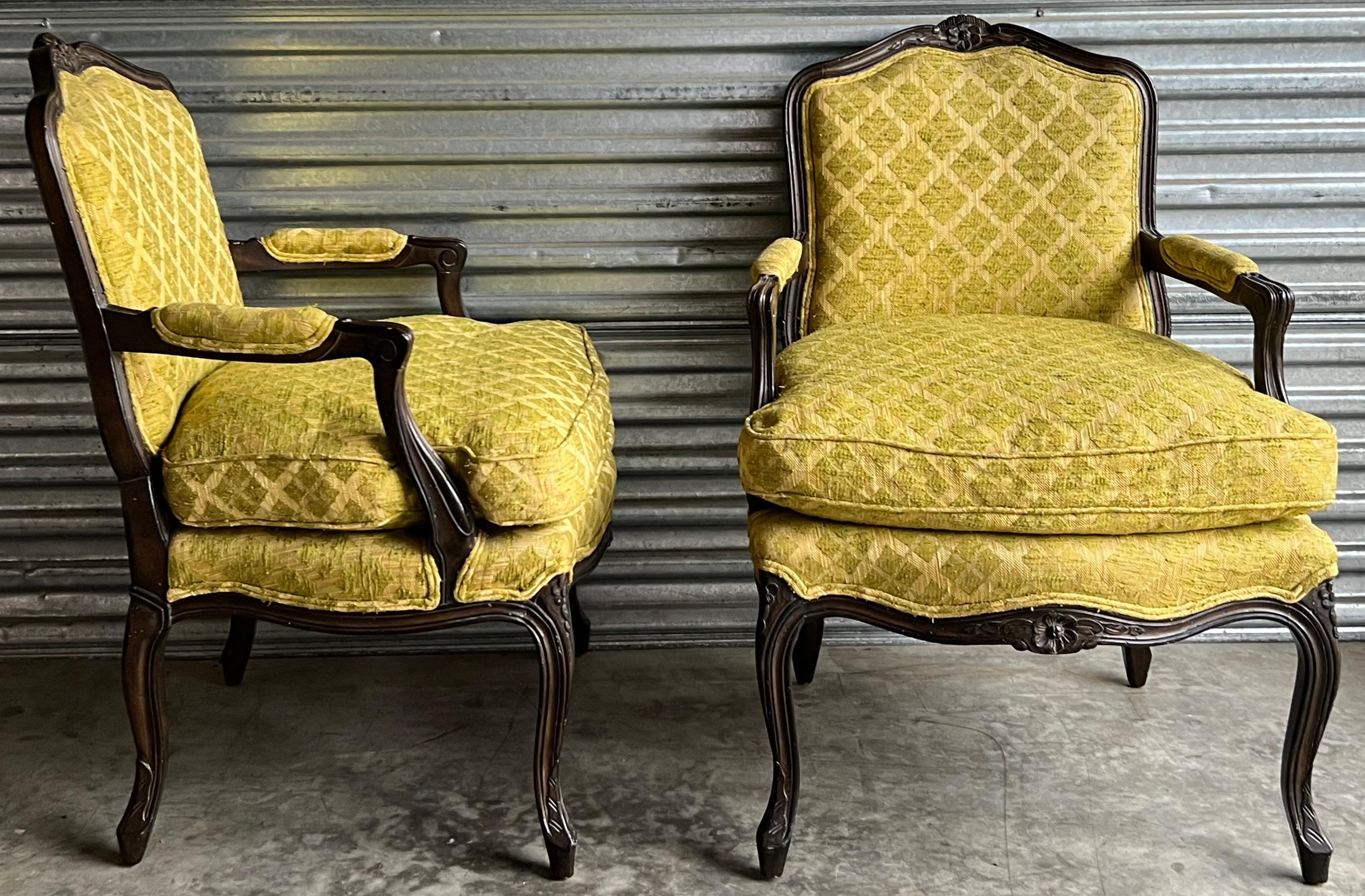 1950s Louis XV Style Ebonized and Carved Fruitwood Arm Chairs W/ Down Cushion, 2 For Sale 3