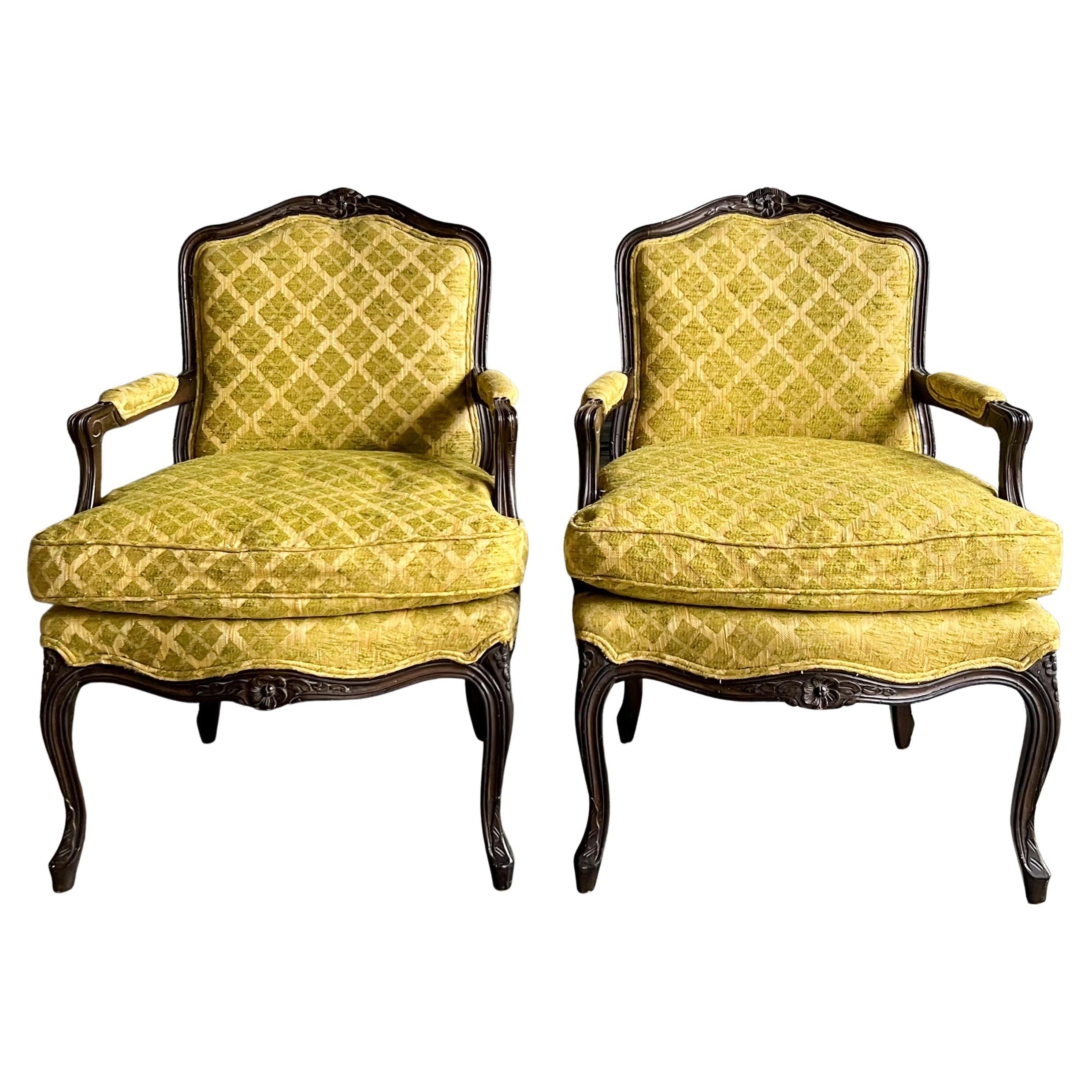 1950s Louis XV Style Ebonized and Carved Fruitwood Arm Chairs W/ Down Cushion, 2 For Sale