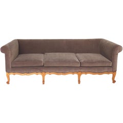 1950s Louis XV Style Mohair Newly Upholstered Sofa with Scalloped Wood Apron