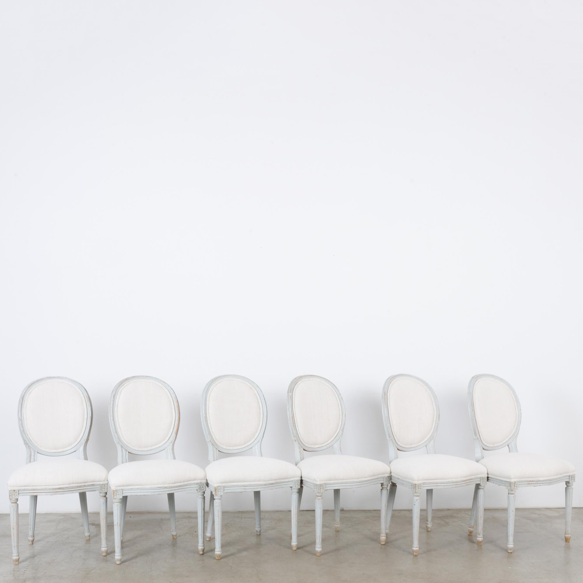 French 1950s Louis XVI Style White Wooden Dining Chairs, Set of Six