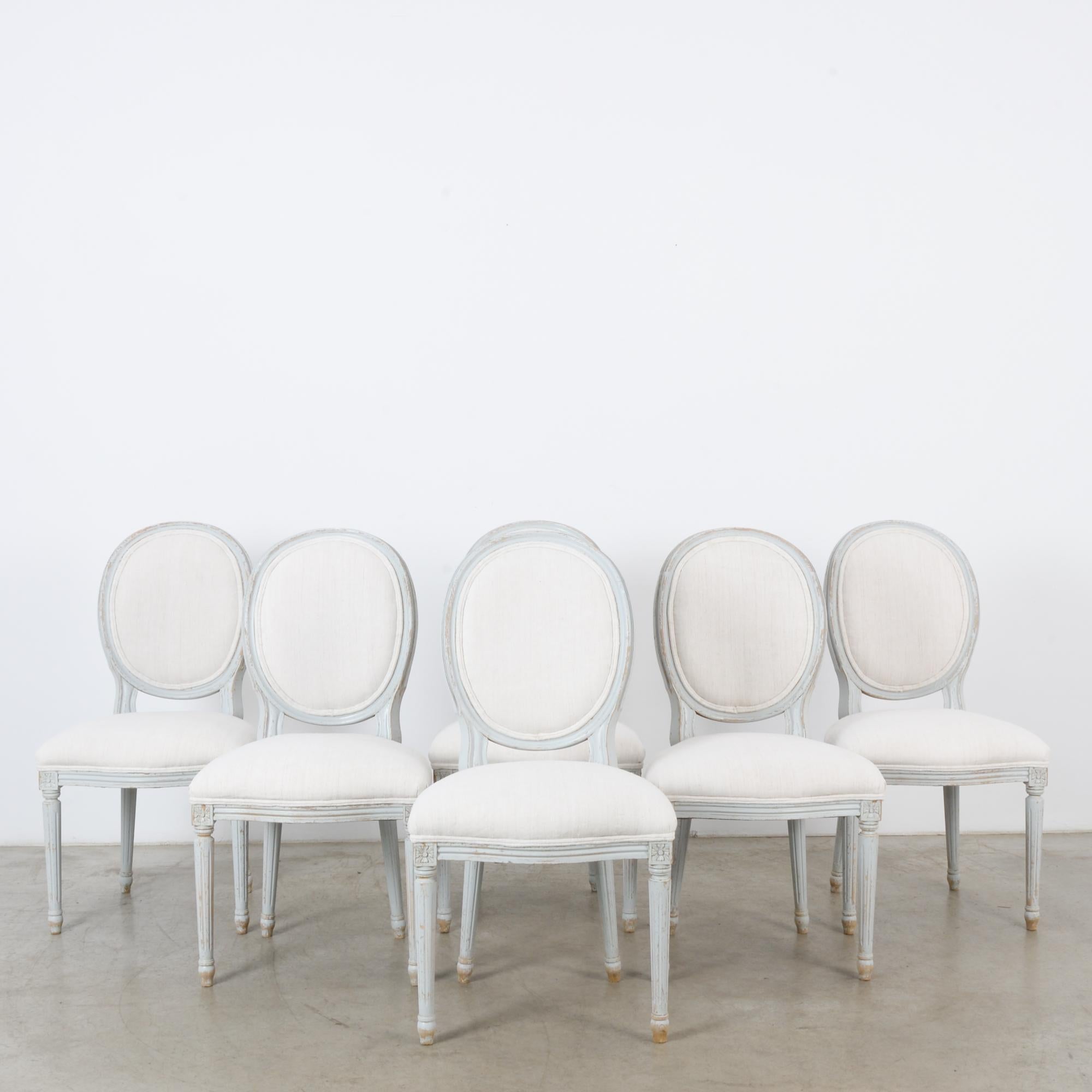 Fabric 1950s Louis XVI Style White Wooden Dining Chairs, Set of Six
