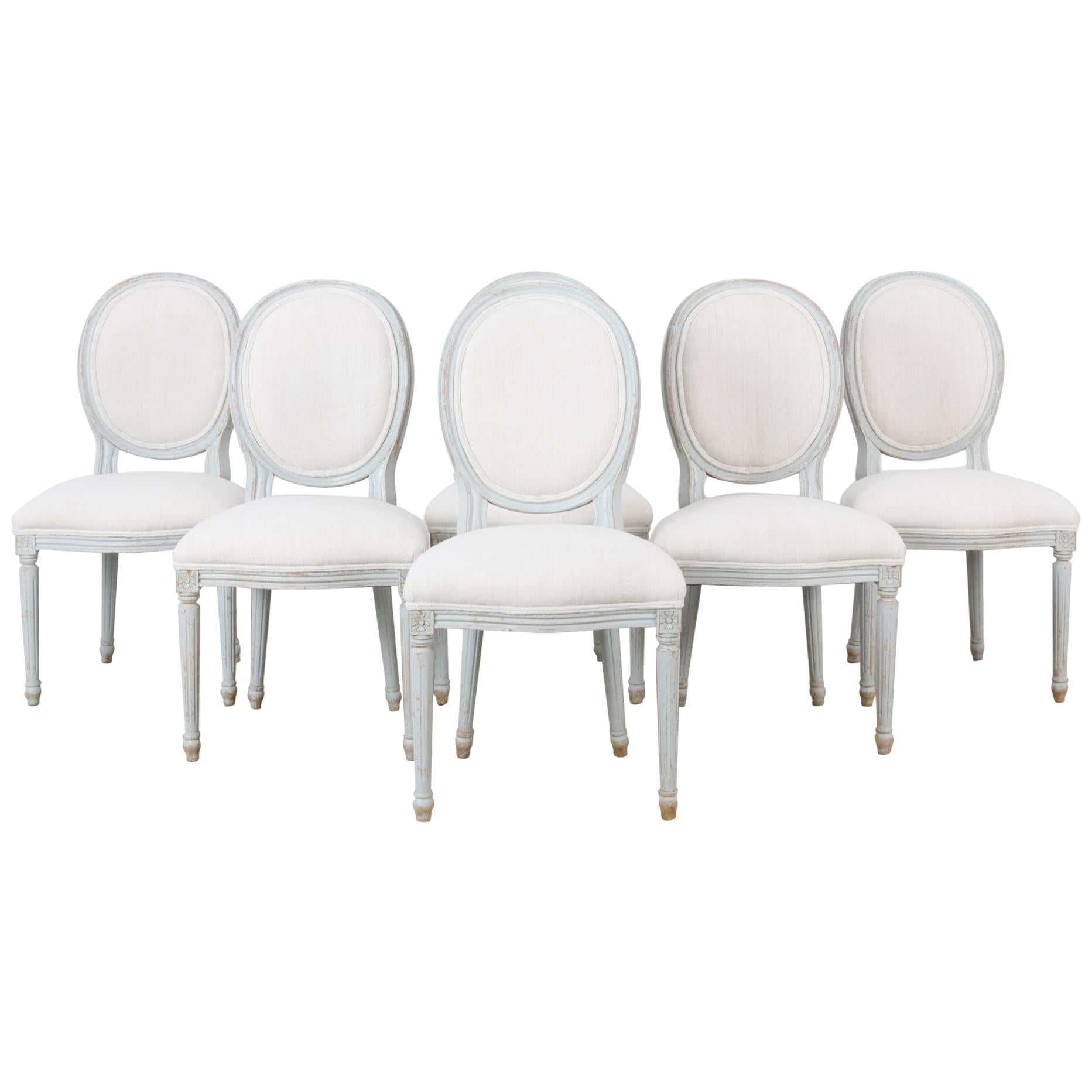 1950s Louis XVI Style White Wooden Dining Chairs, Set of Six