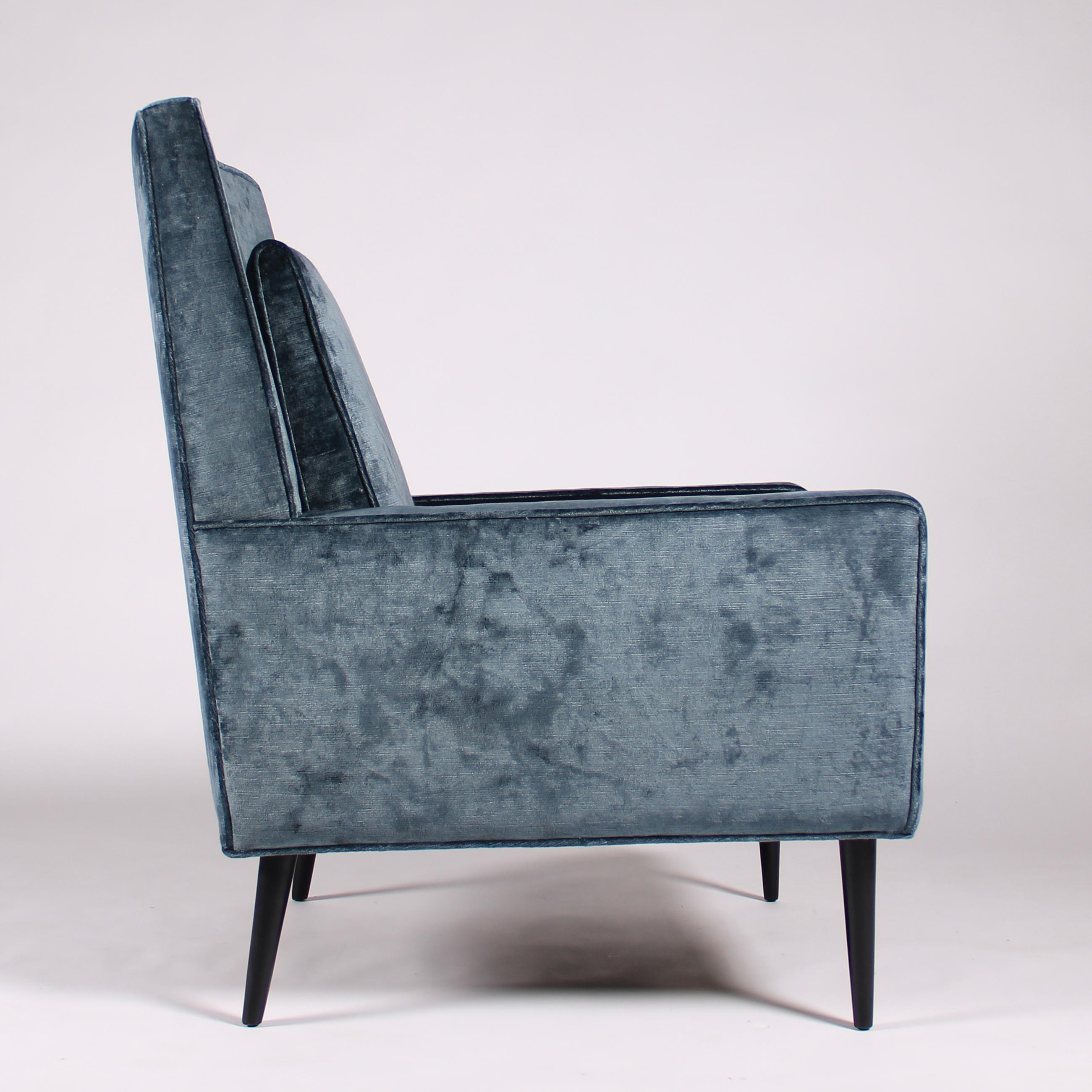 Ebonized 1950s Lounge Chair and Ottoman in Blue Velvet
