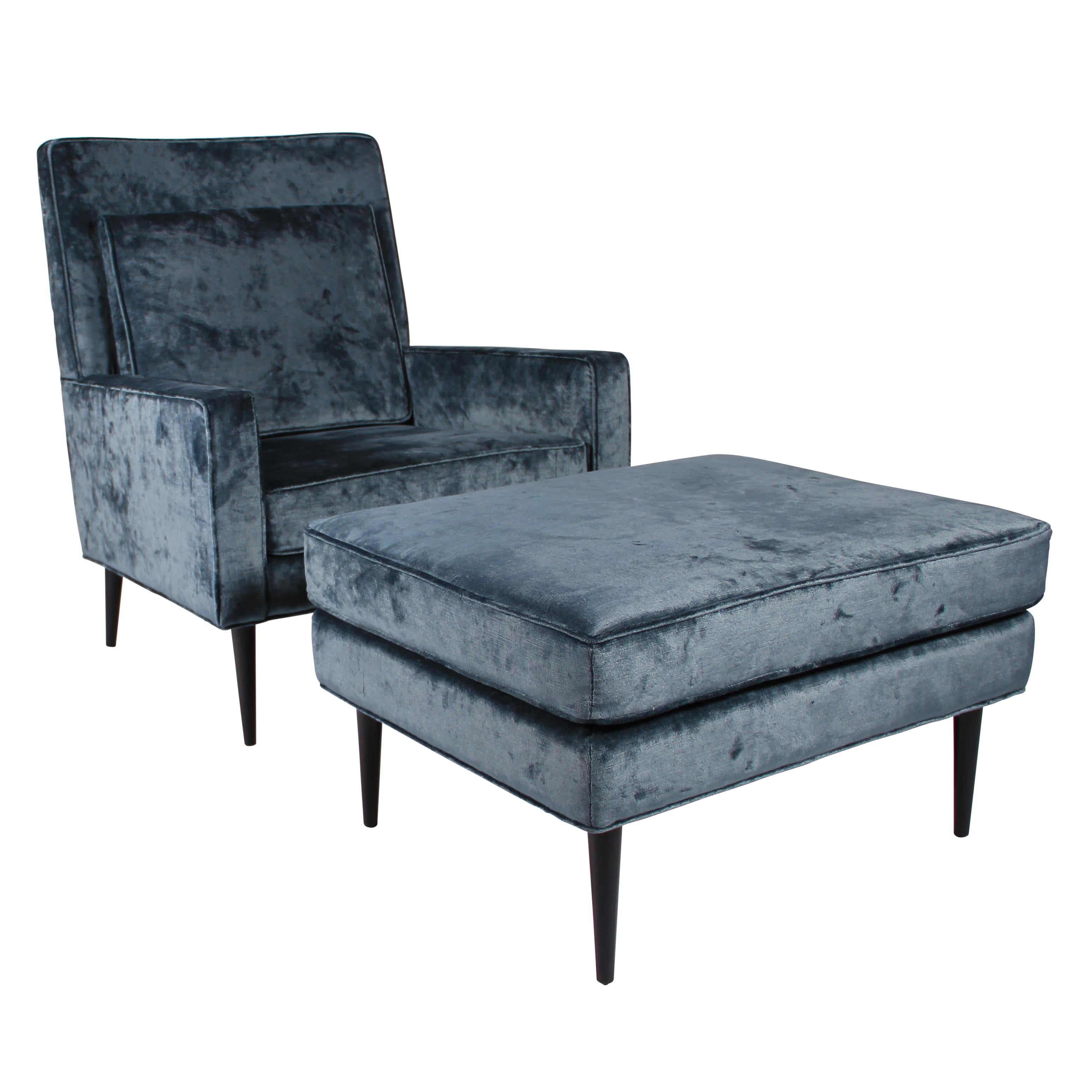 1950s Lounge Chair and Ottoman in Blue Velvet