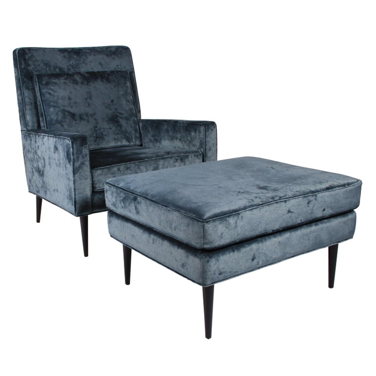 1950s Lounge Chair and Ottoman in Blue Velvet at 1stDibs