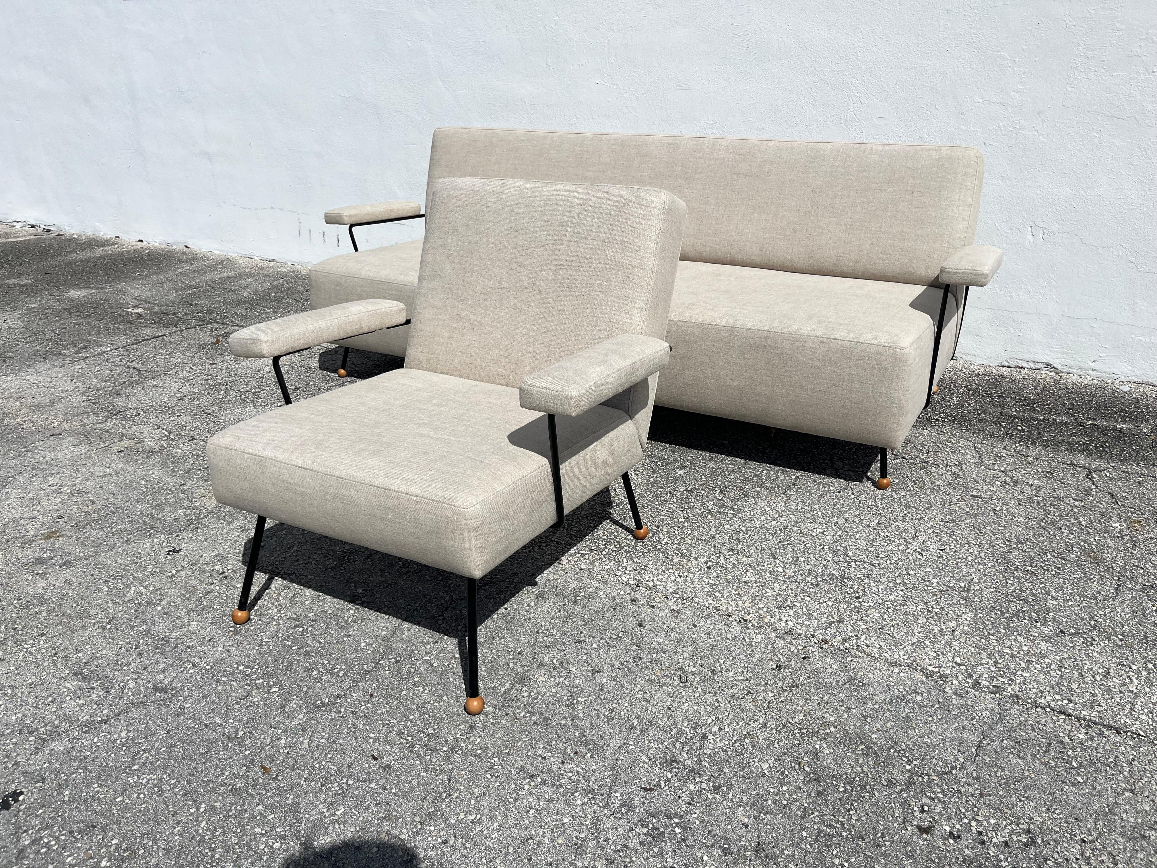 Silla de salón de los años 50 atribuida a Milo Baughman, hierro negro, lino Kravet Beligan en venta 8