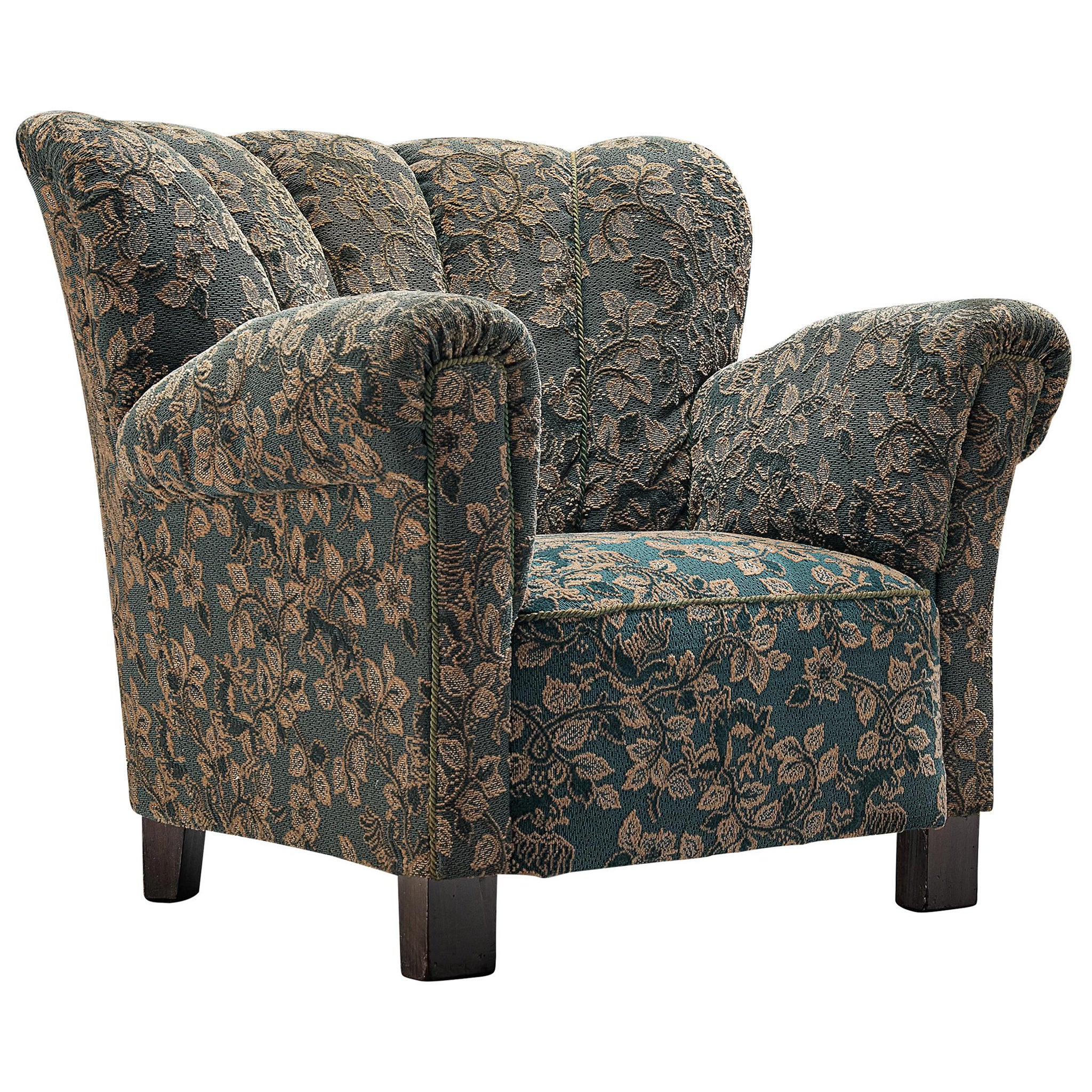 Sedia da salotto anni '50 con tappezzeria floreale verde e beige in vendita