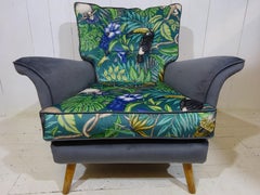 1950's Lounge Chair in Velvet and Jungle Print Fabric by H Vaughan of London