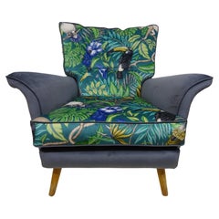 1950's Lounge Chair in Velvet and Jungle Print Fabric by H Vaughan of London