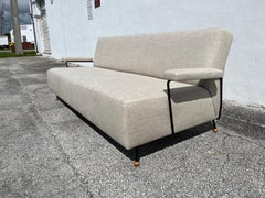 1950s Sofa attributed to Milo Baughman, Black Iron, Kravet Beligan Linen