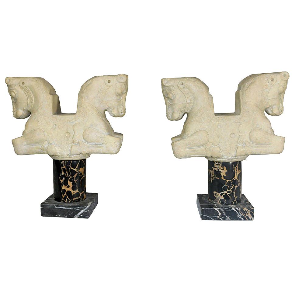 1950s Louvre Classical Greek 'Double Bull' Bookends on Marble Pedestal For Sale